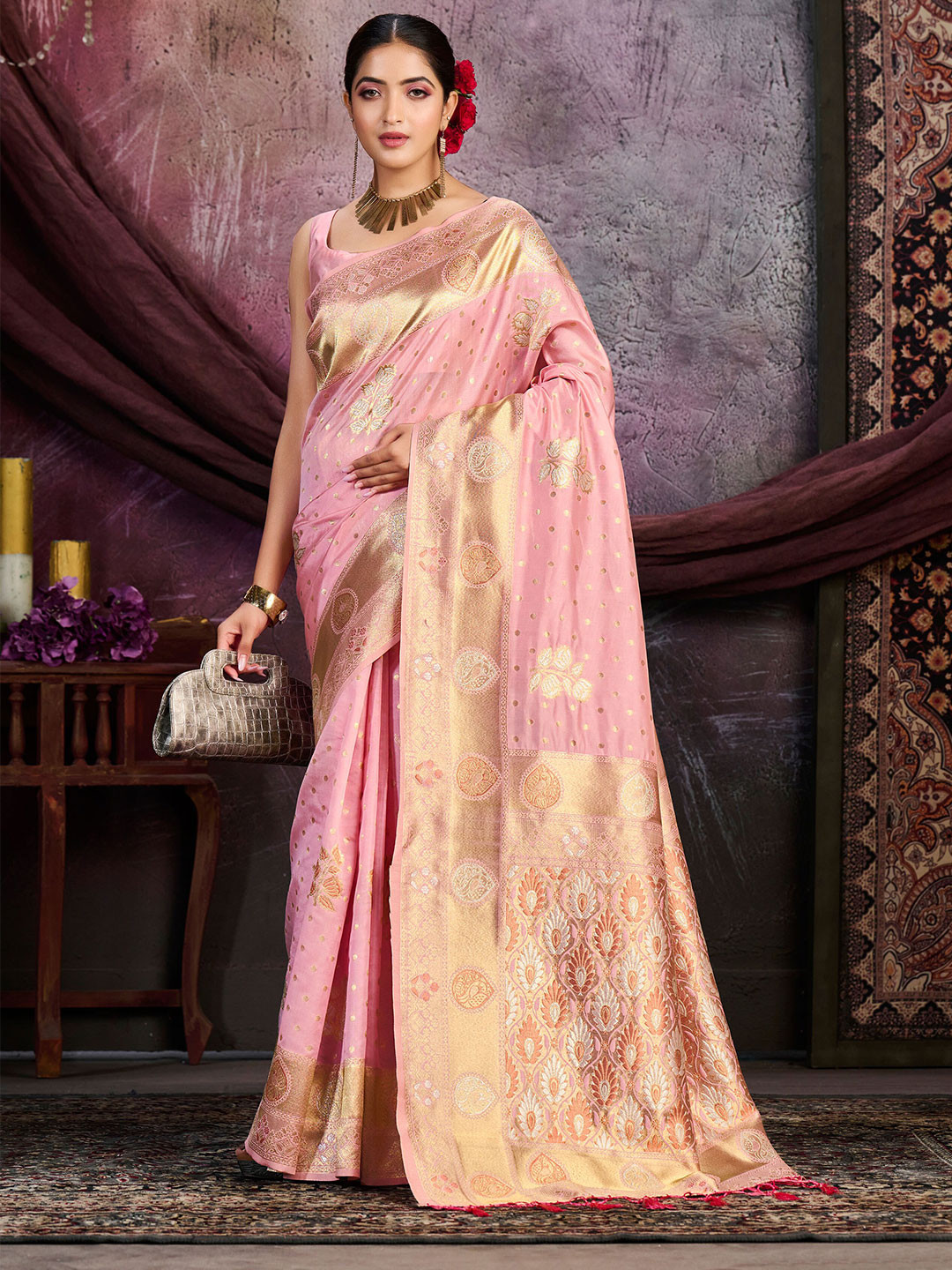

MIMOSA Floral Woven Design Zari Kanjeevaram Saree, Pink