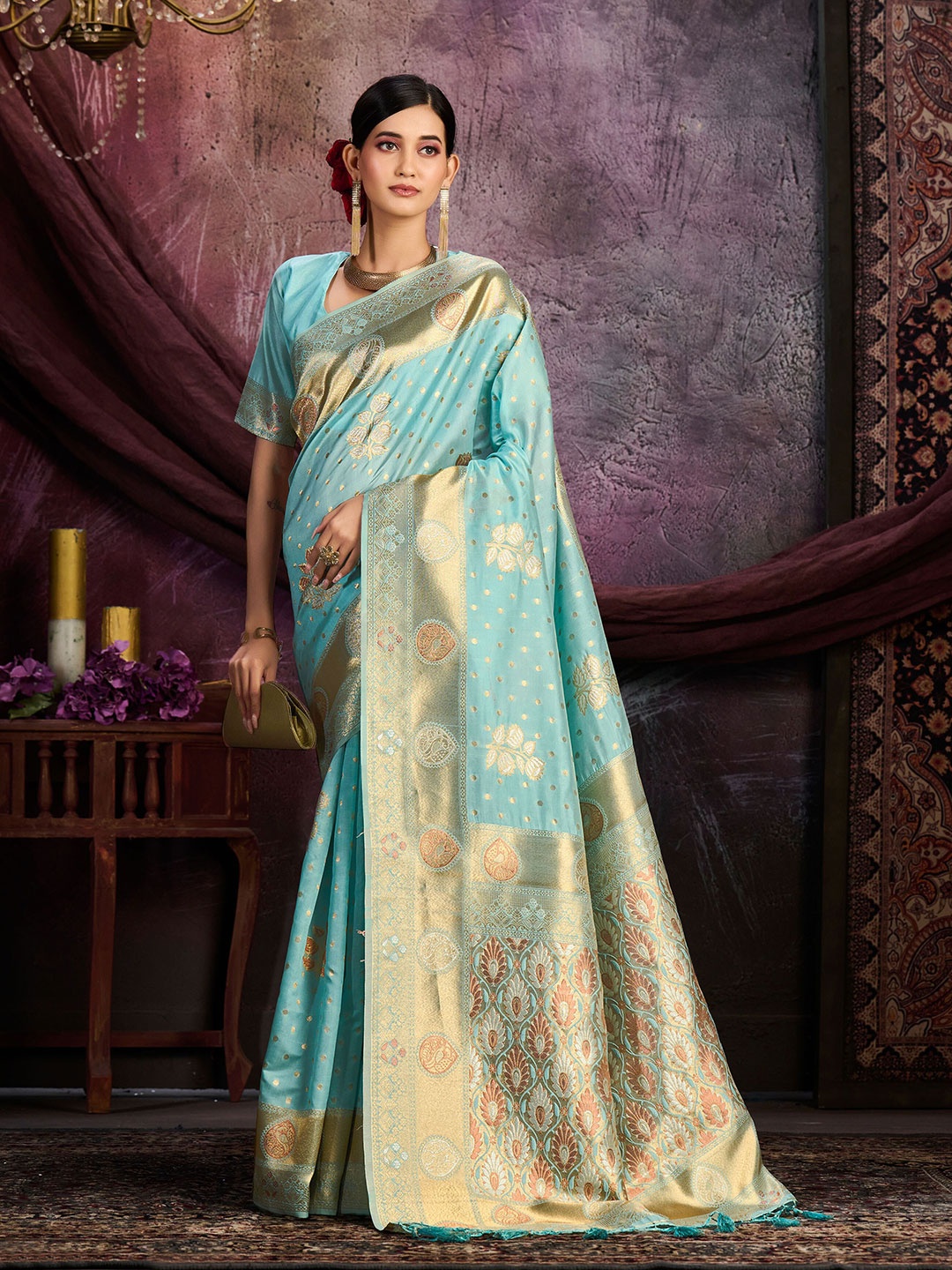 

MIMOSA Floral Woven Design Zari Kanjeevaram Saree, Turquoise blue