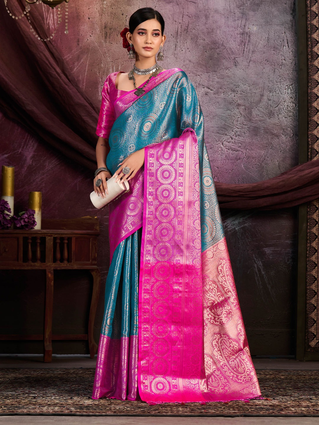 

MIMOSA Ethnic Motif Woven Design Zari Kanjeevaram Saree, Turquoise blue