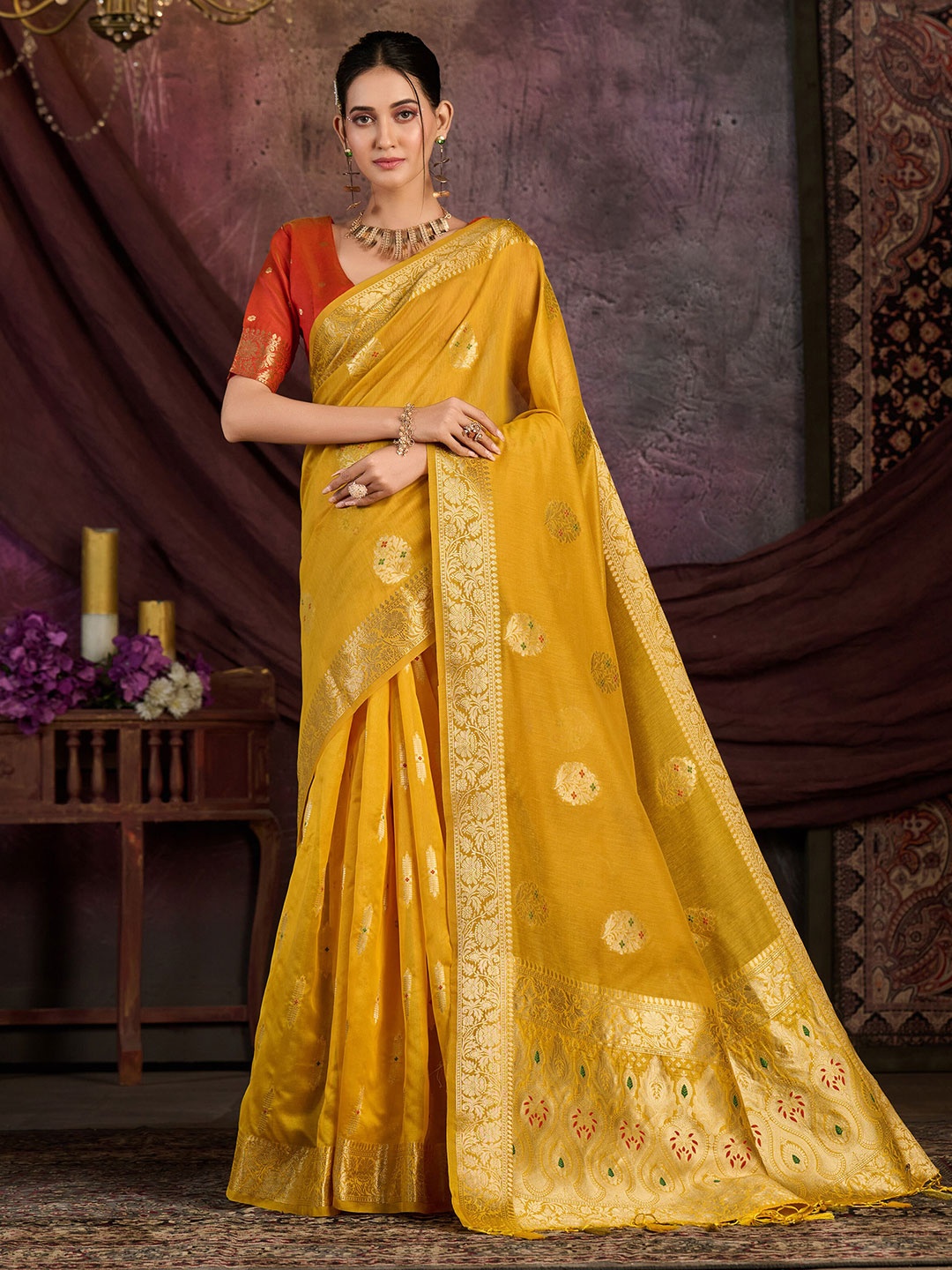 

MIMOSA Floral Woven Design Zari Kanjeevaram Saree, Mustard