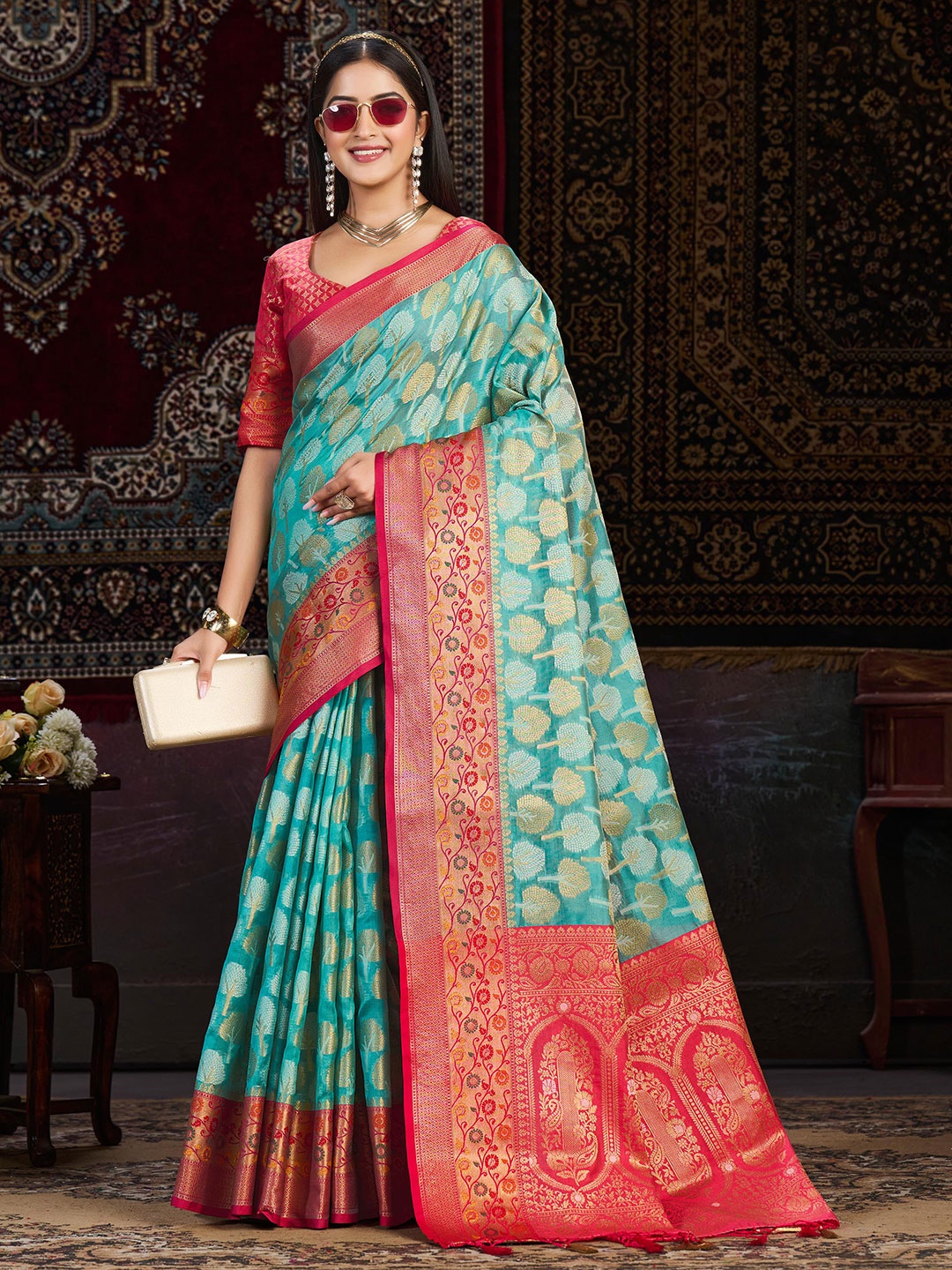 

MIMOSA Ethnic Woven Design Zari Banarasi Saree, Turquoise blue