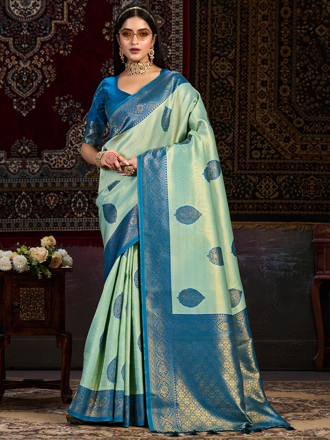 

MIMOSA Ethnic Woven Design Zari Kanjeevaram Saree, Turquoise blue