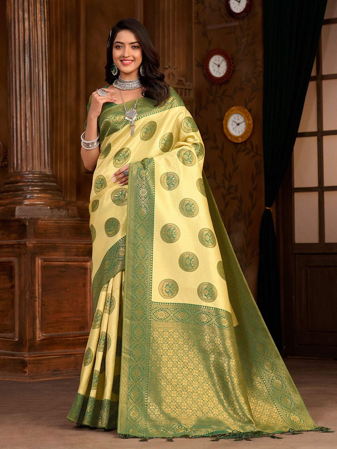 

MIMOSA Ethnic Woven Design Zari Kanjeevaram Saree, Yellow