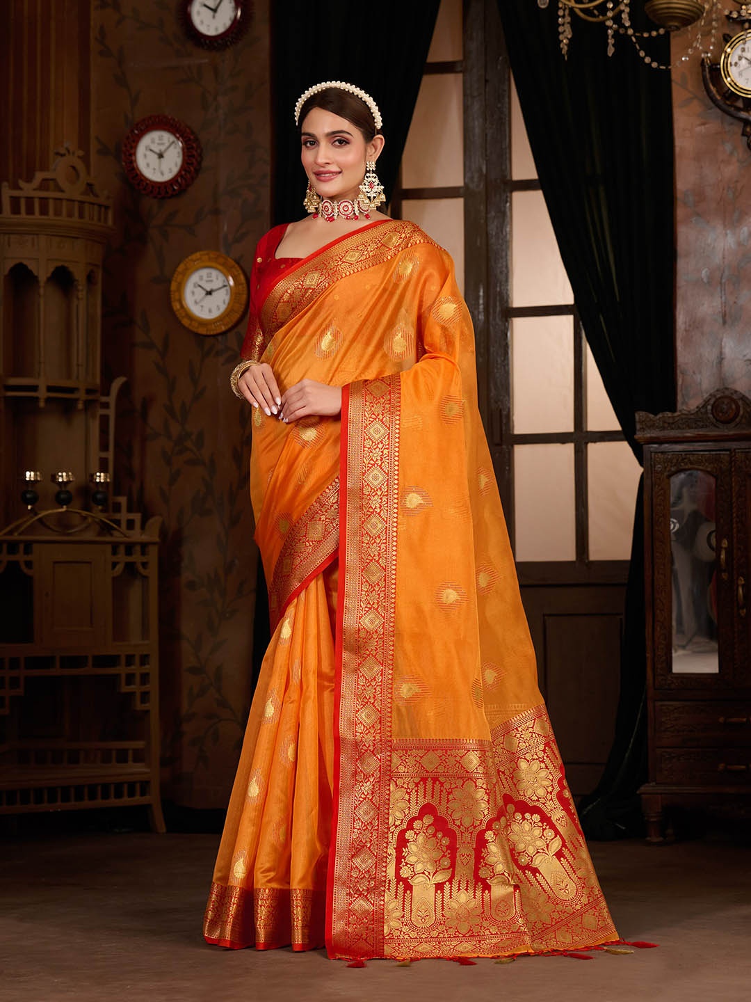 

MIMOSA Ethnic Motif Woven Design Zari Art Silk Kanjeevaram Saree, Orange