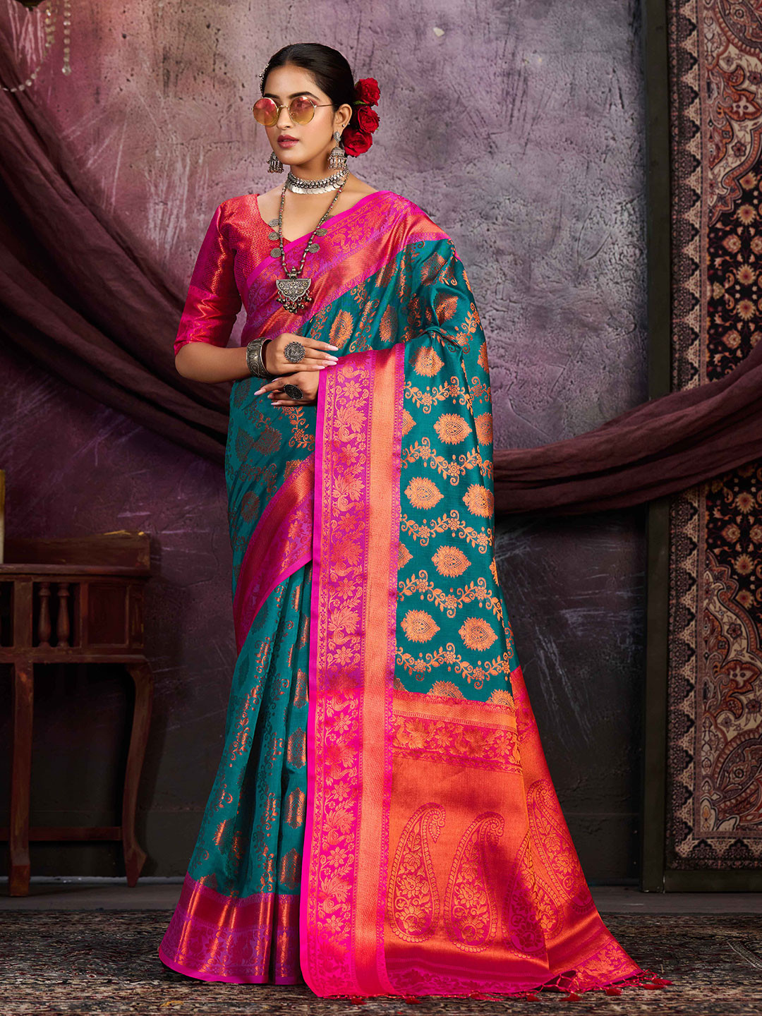 

MIMOSA Ethnic Motif Woven Design Zari Kanjeevaram Saree, Teal