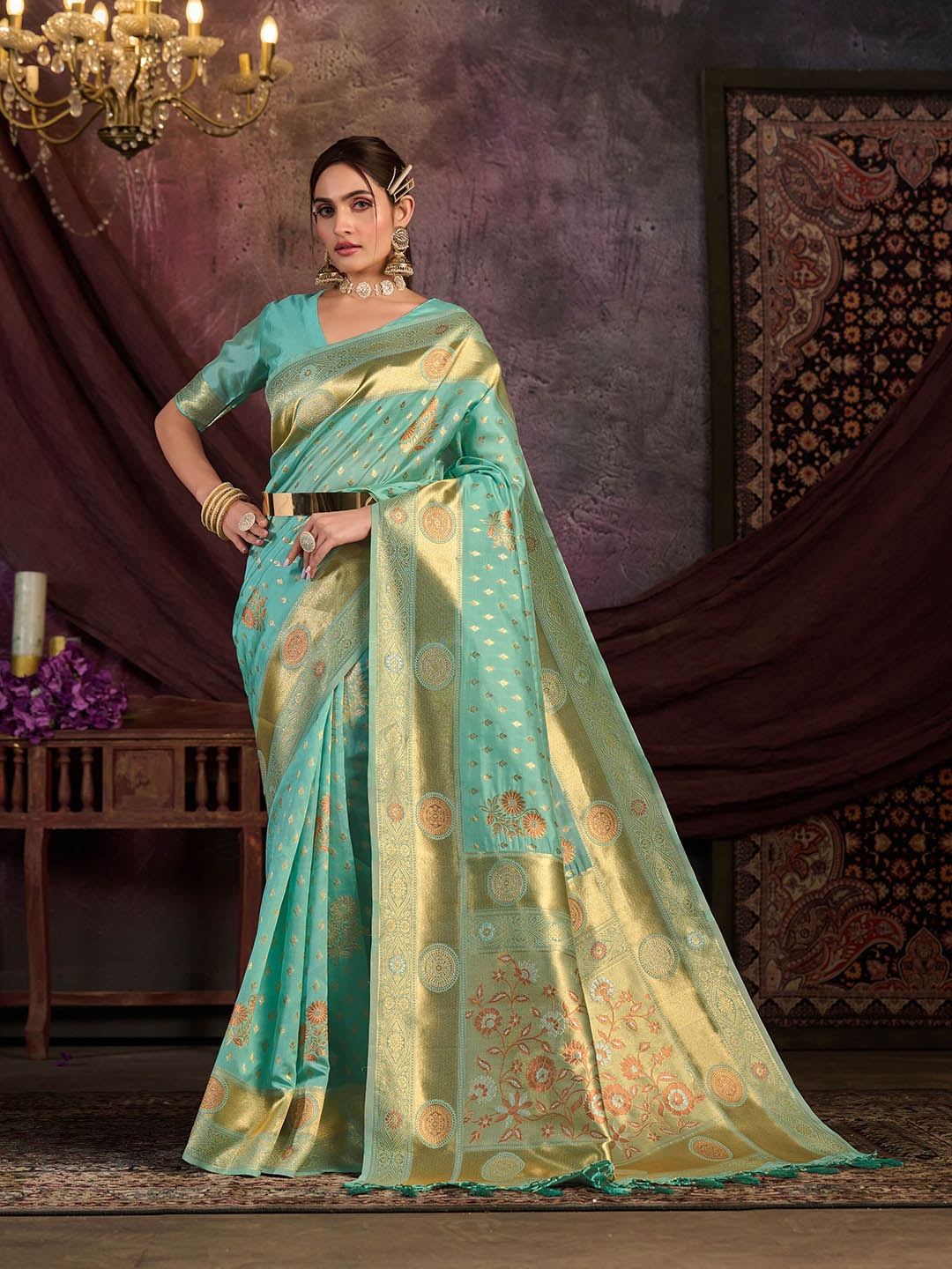 

MIMOSA Floral Woven Design Zari Kanjeevaram Saree, Turquoise blue