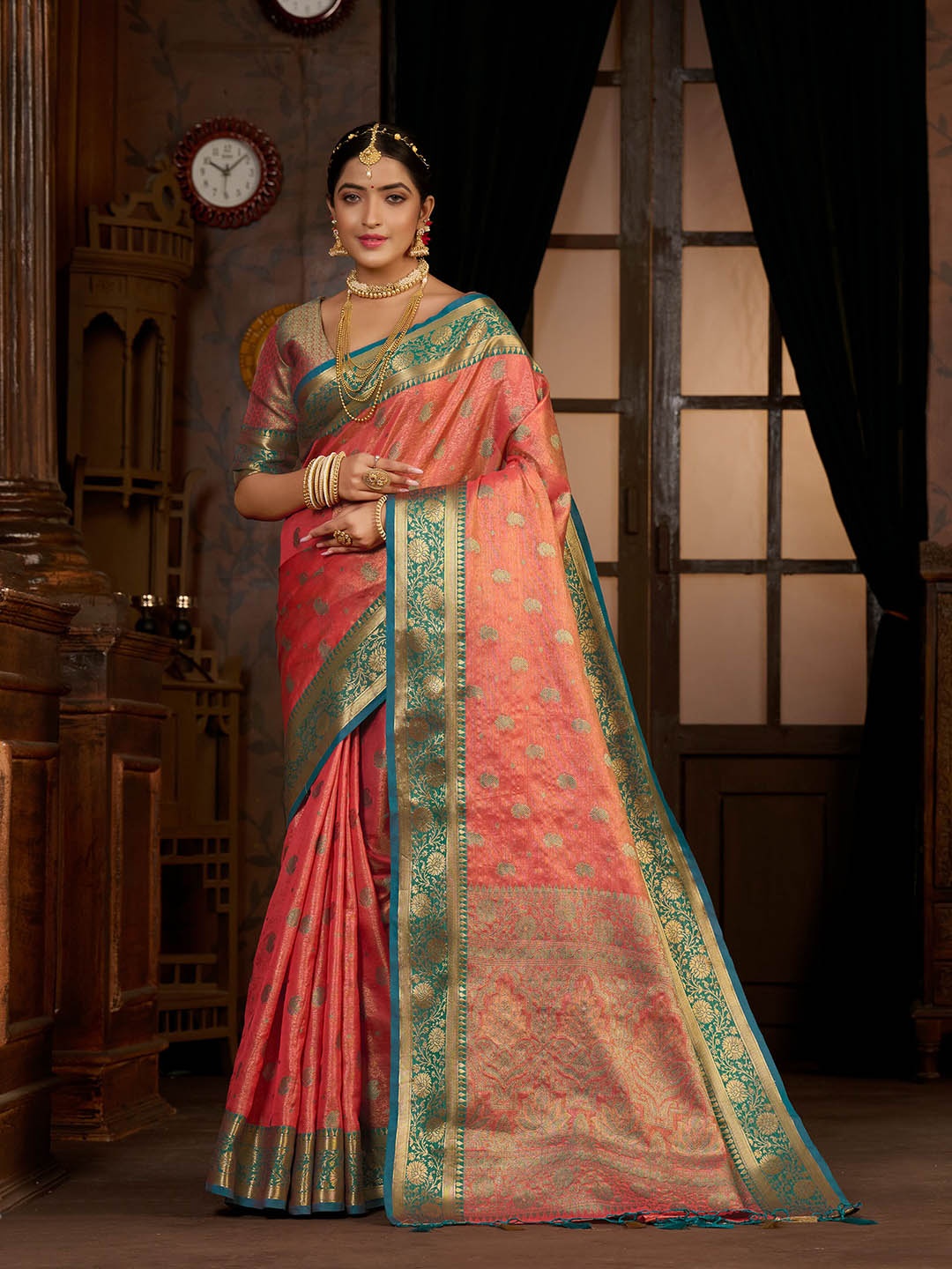 

MIMOSA Paisley Woven Design Zari Kanjeevaram Saree, Coral