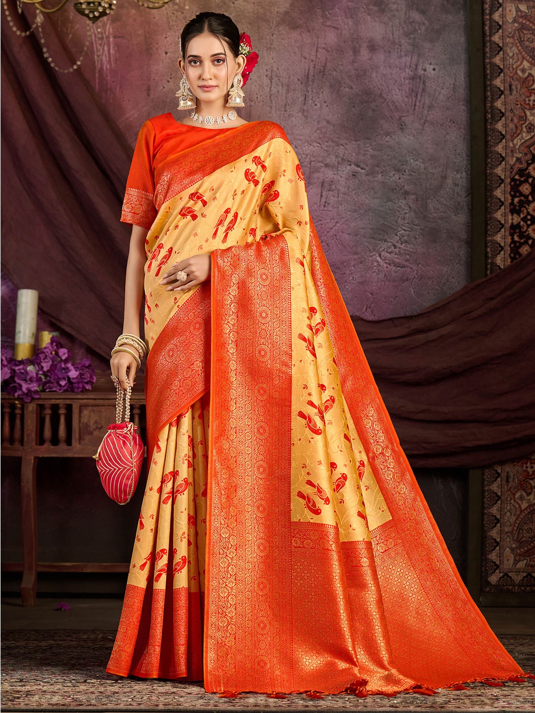 

MIMOSA Woven Design Zari Kanjeevaram Saree, Yellow