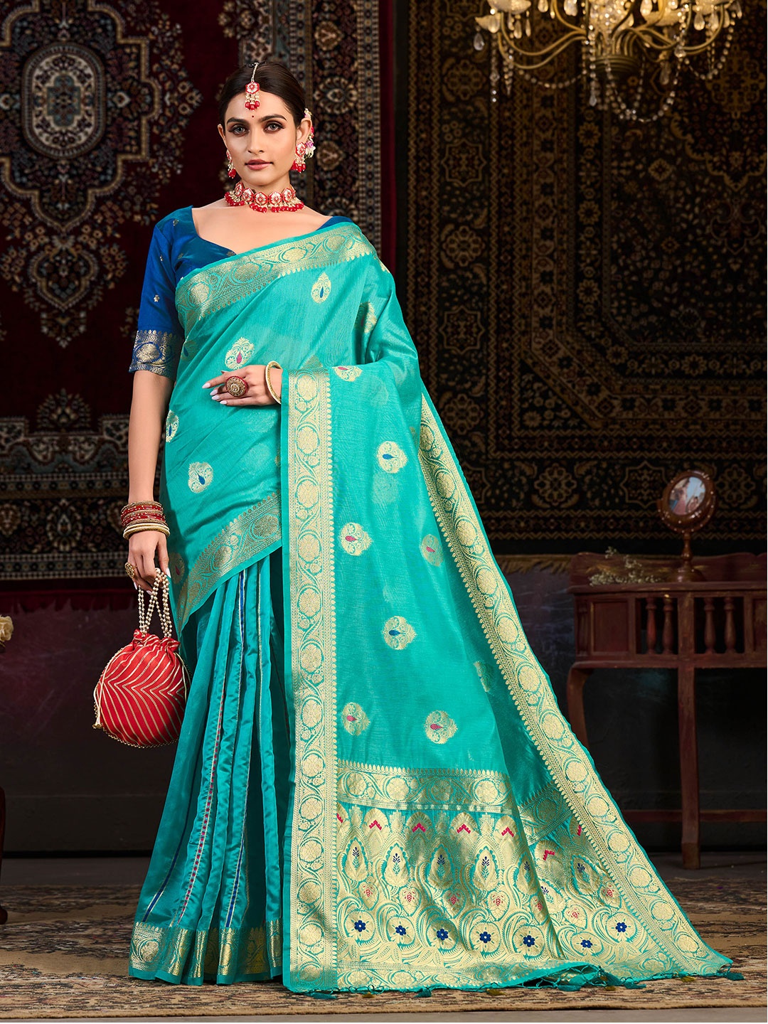 

MIMOSA Floral Woven Design Zari Kanjeevaram Saree, Turquoise blue