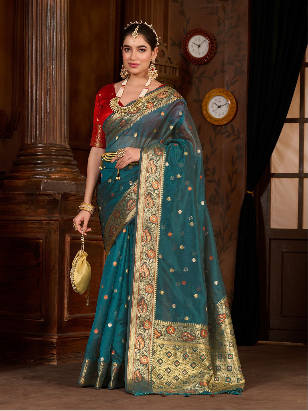 

MIMOSA Ethnic Motif Zari Art Silk Kanjeevaram Saree With Blouse Piece, Teal