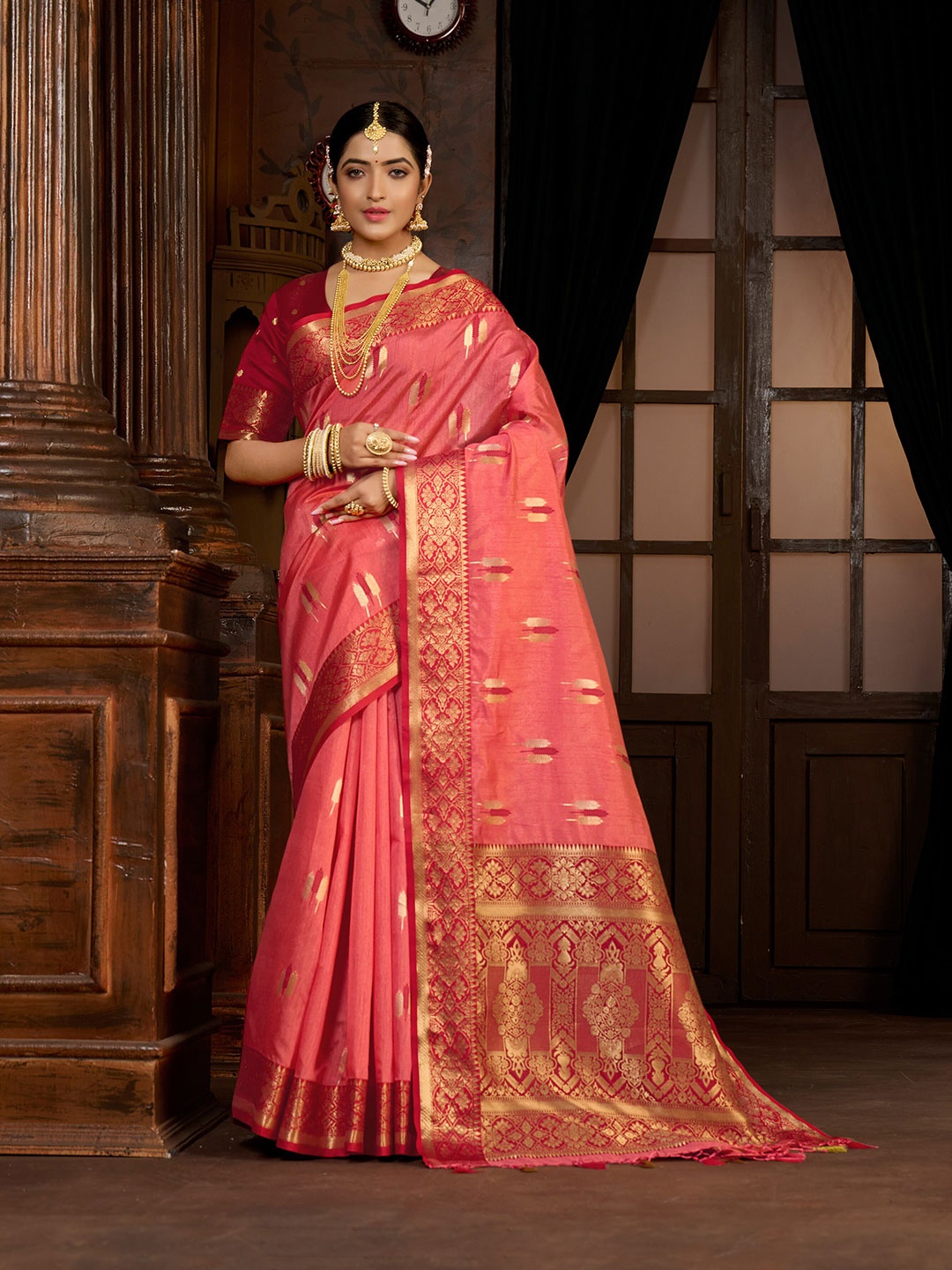 

MIMOSA Ethnic Motif Woven Design Zari Kanjeevaram Saree, Coral