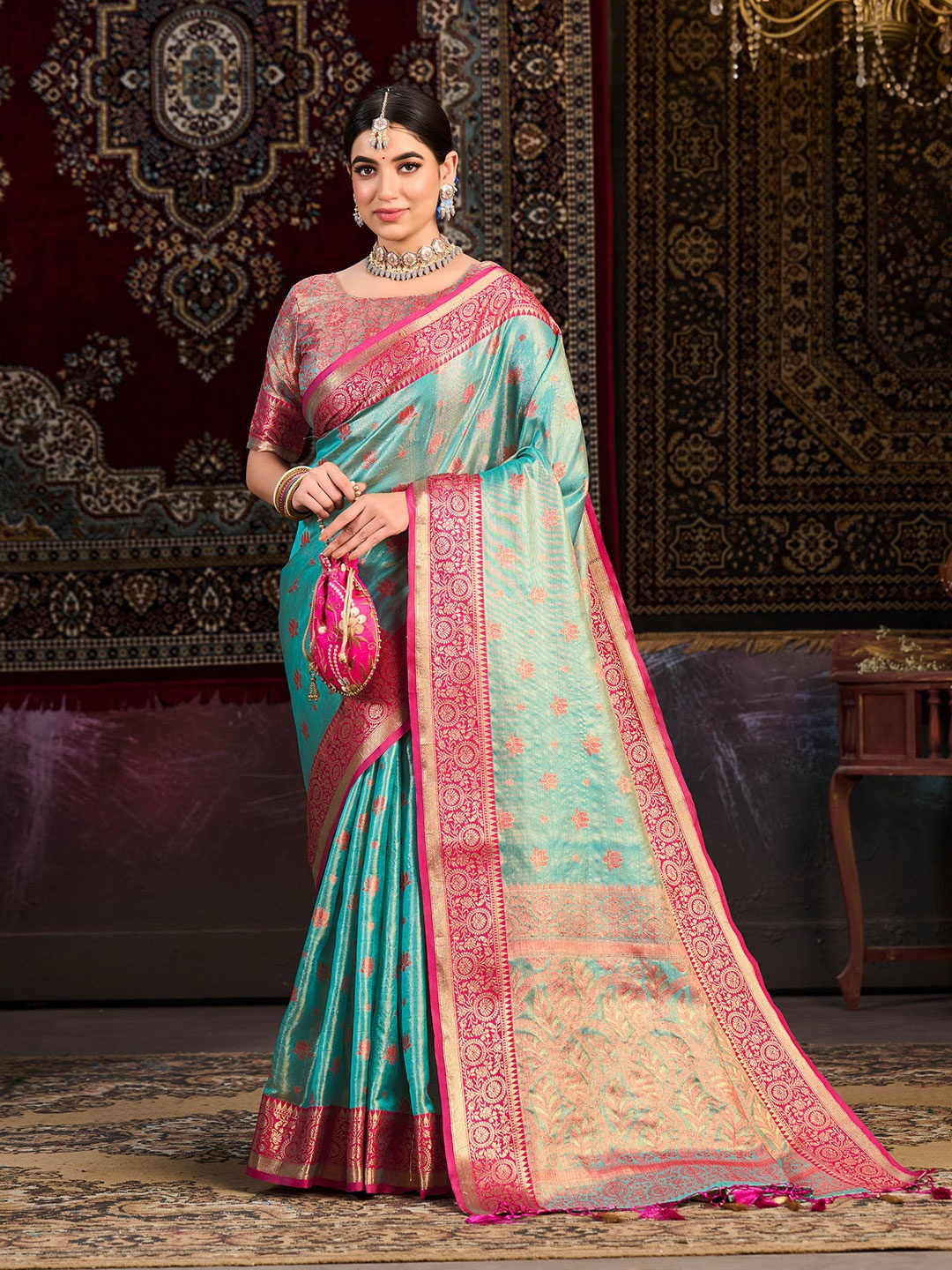 

MIMOSA Floral Woven Design Zari Kanjeevaram Saree, Turquoise blue