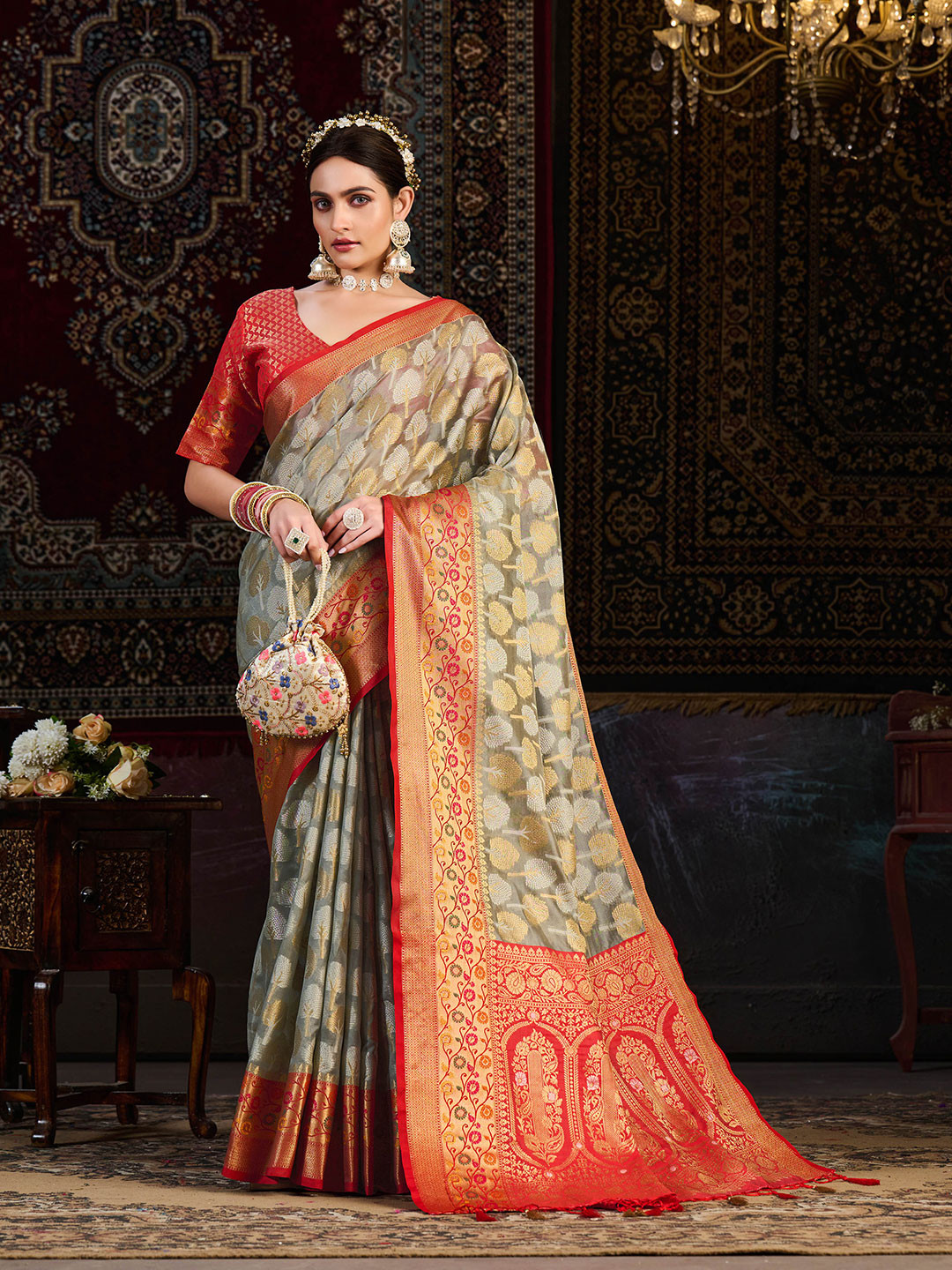 

MIMOSA Floral Woven Design Zari Banarasi Saree, Grey