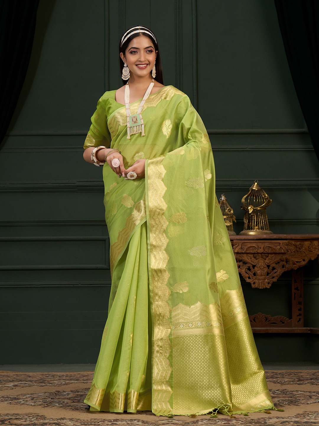 

MIMOSA Floral Woven Design Zari Kanjeevaram Saree, Green