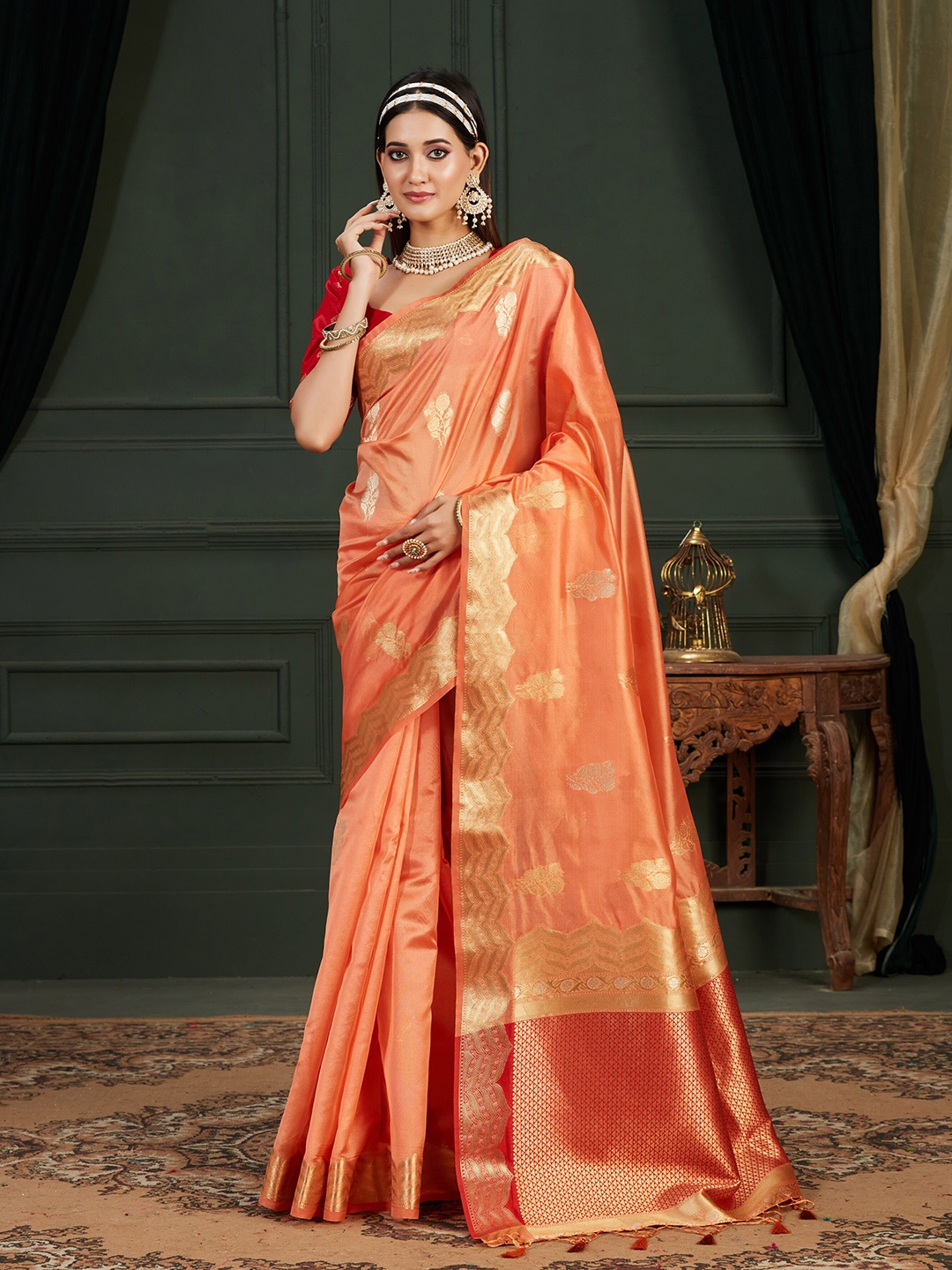 

MIMOSA Floral Woven Design Zari Organza Banarasi Saree, Orange