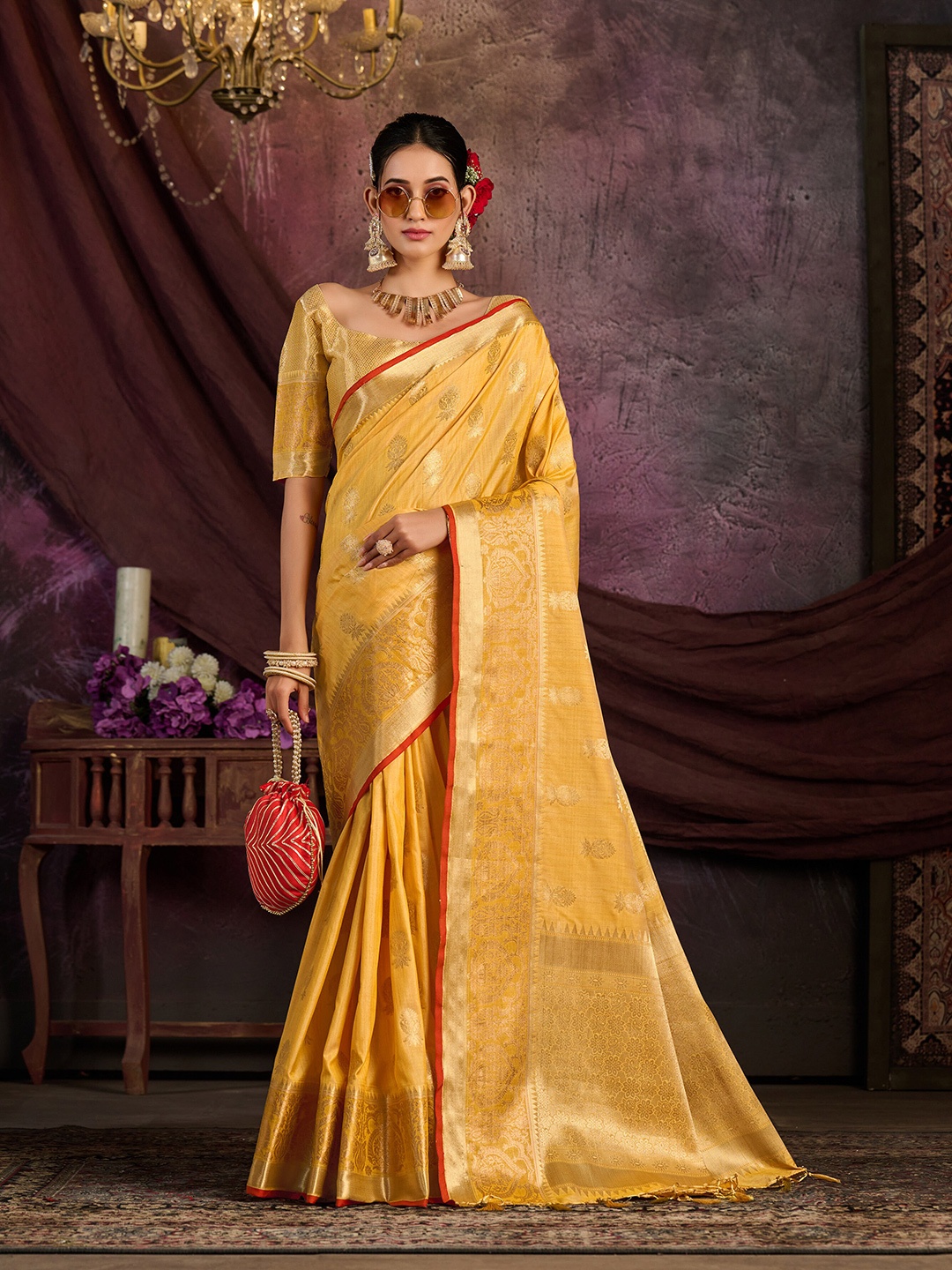 

MIMOSA Floral Woven Design Zari Kanjeevaram Saree, Mustard