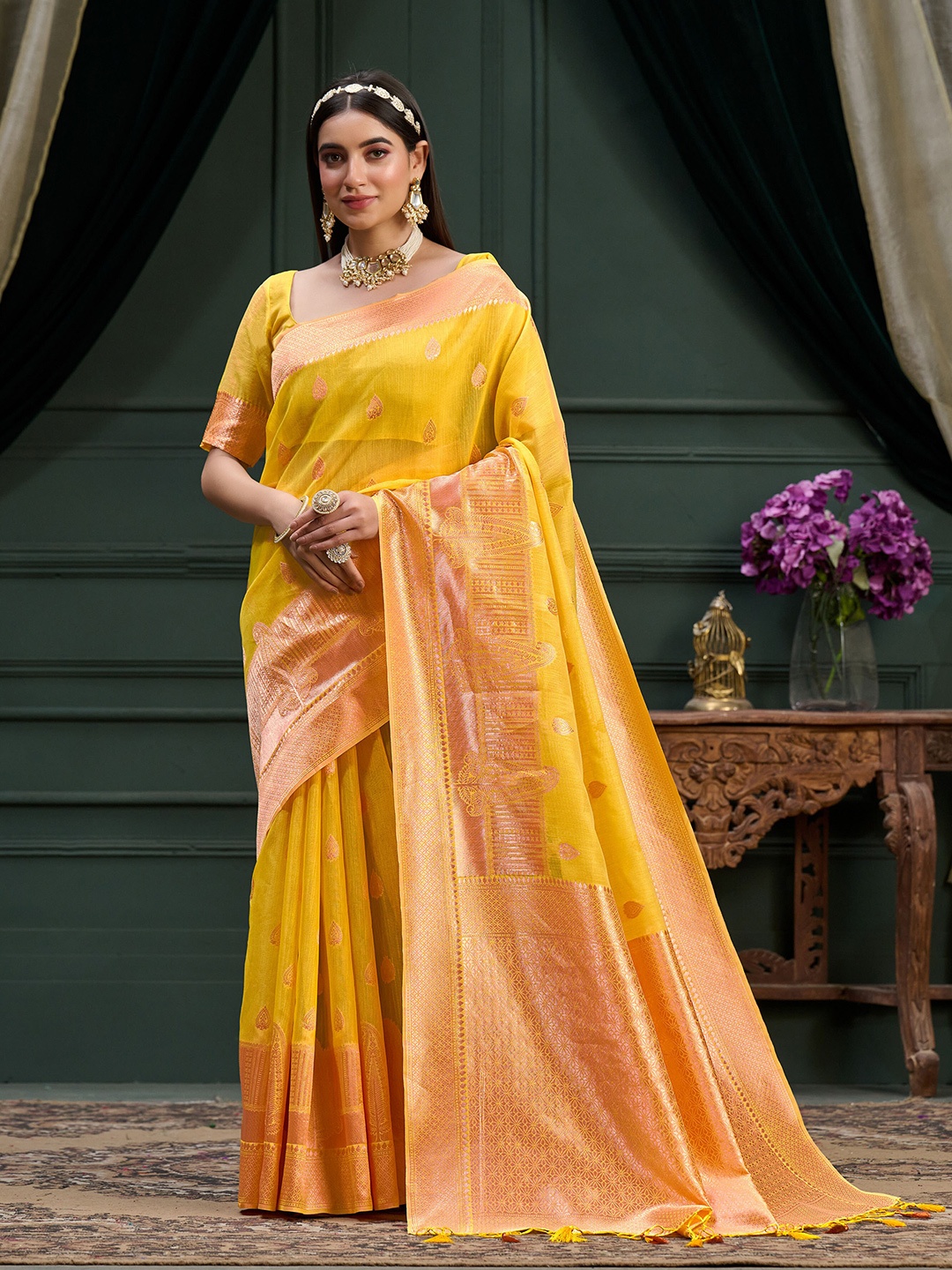 

MIMOSA Ethnic Motif Zari Art Silk Banarasi Saree With Blouse Piece, Mustard