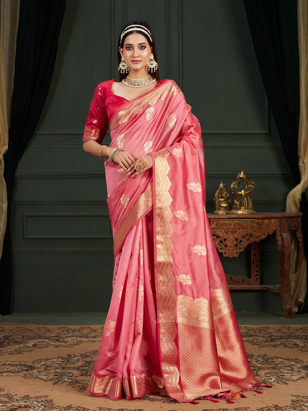 

MIMOSA Floral Woven Design Zari Kanjeevaram Saree, Pink