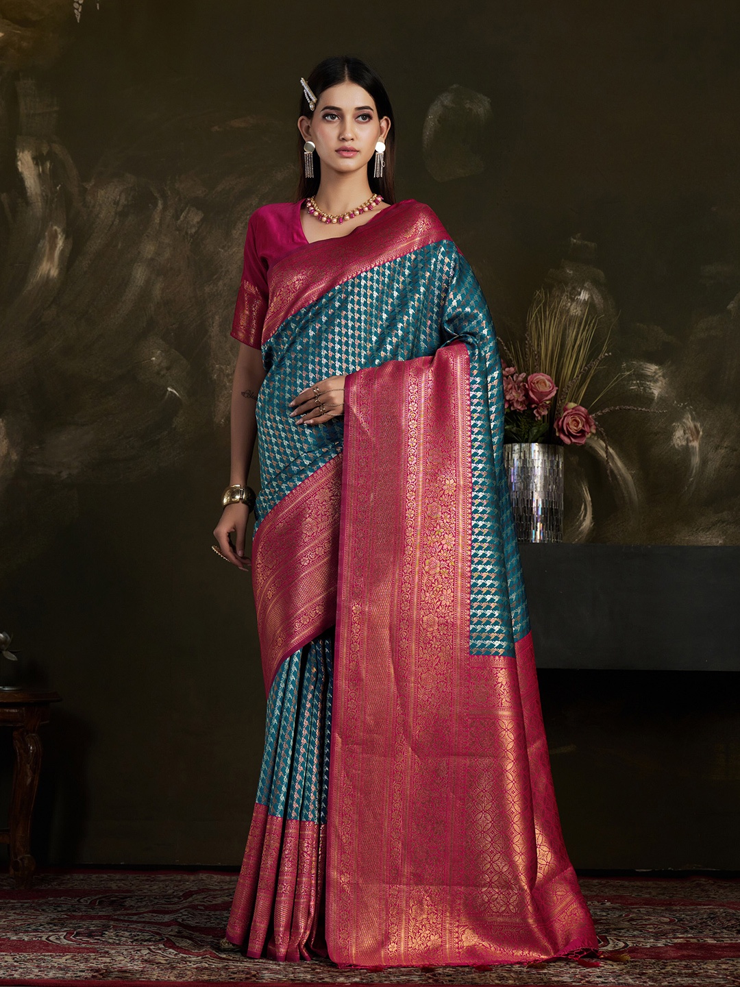 

MIMOSA Teal & Pink Woven Design Zari Art Silk Kanjeevaram Saree