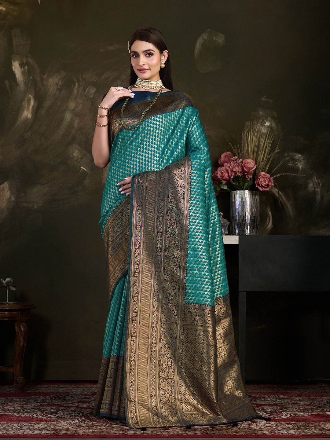 

MIMOSA Ethnic Motif Zari Art Silk Kanjeevaram Saree, Turquoise blue