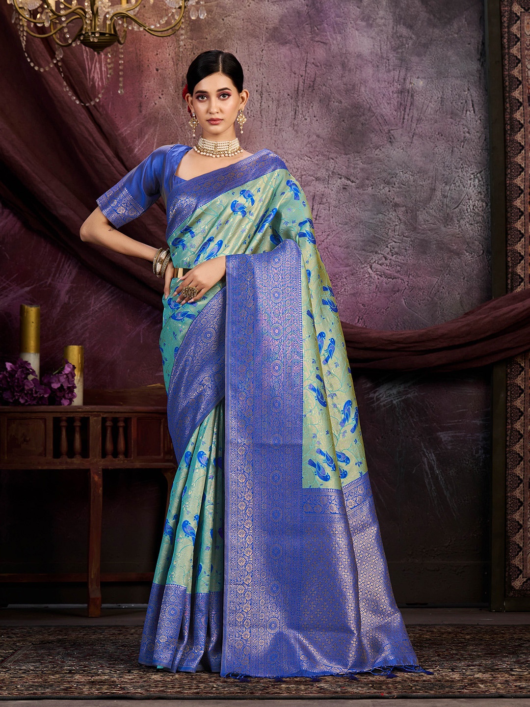 

MIMOSA Ethnic Motif Woven Design Zari Kanjeevaram Saree, Turquoise blue