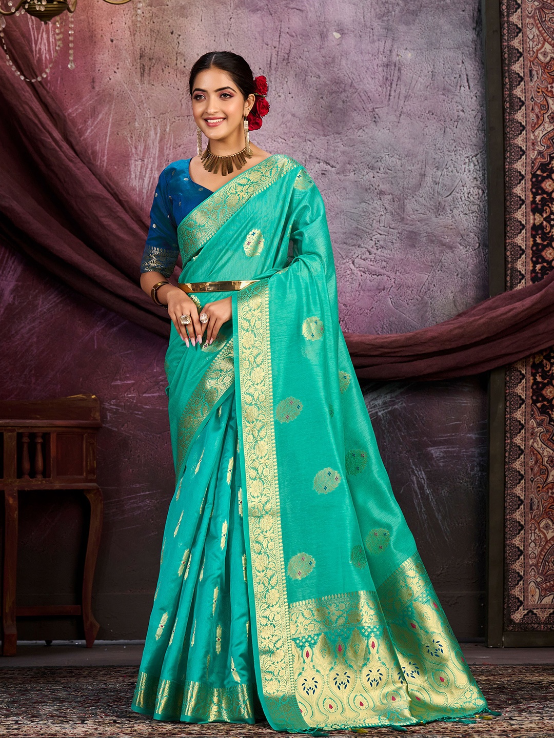 

MIMOSA Ethnic Woven Design Zari Kanjeevaram Saree, Turquoise blue