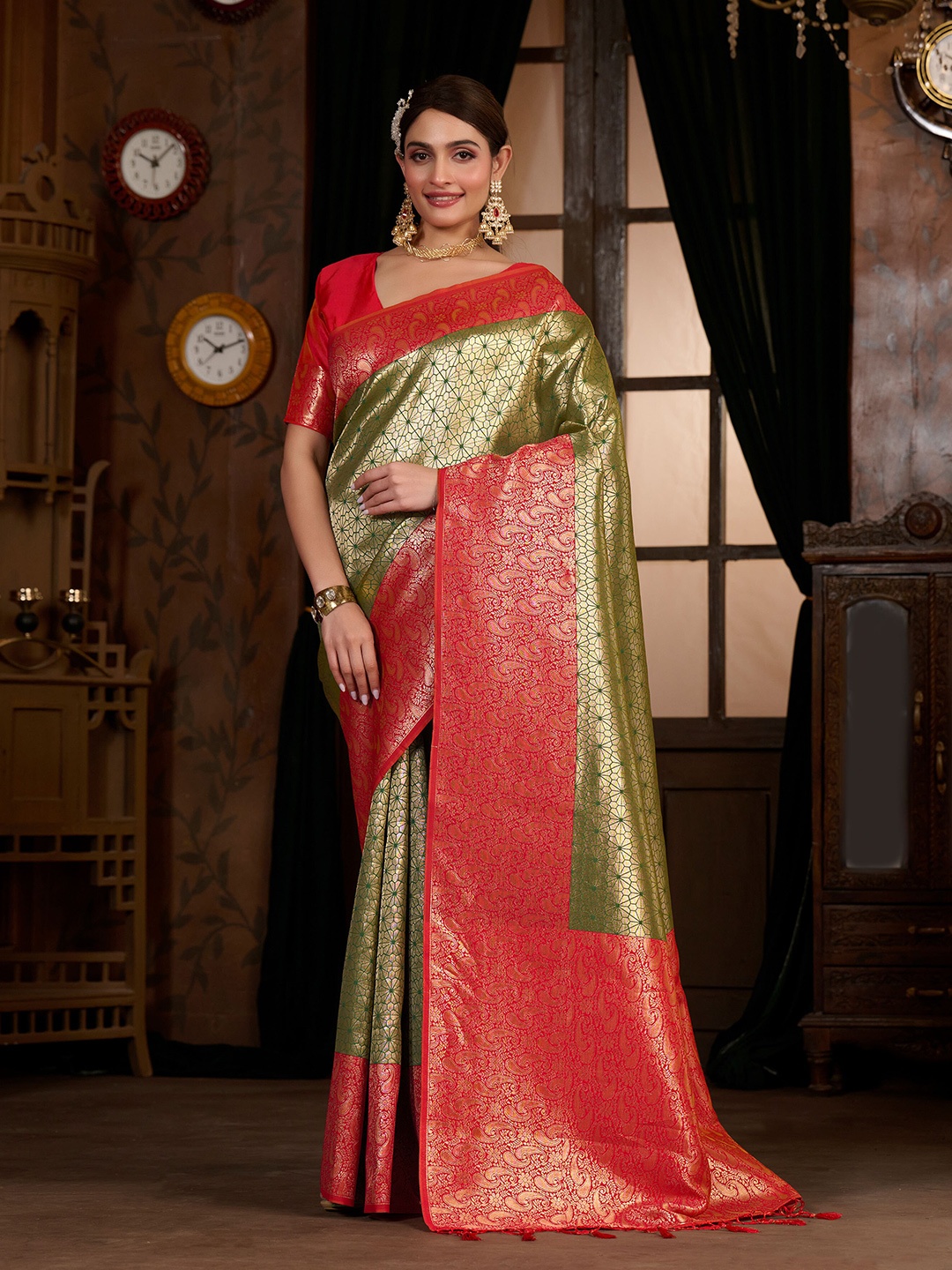 

MIMOSA Floral Zari Kanjeevaram Saree, Green