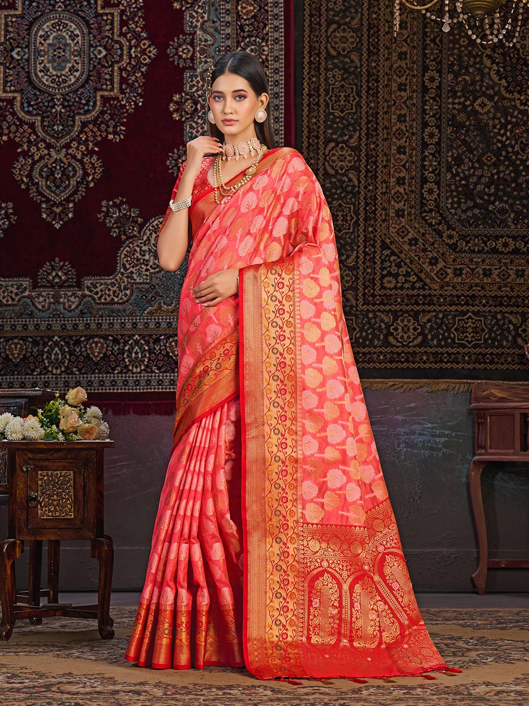 

MIMOSA Ethnic Motif Woven Design Zari Art Silk Banarasi Saree, Coral
