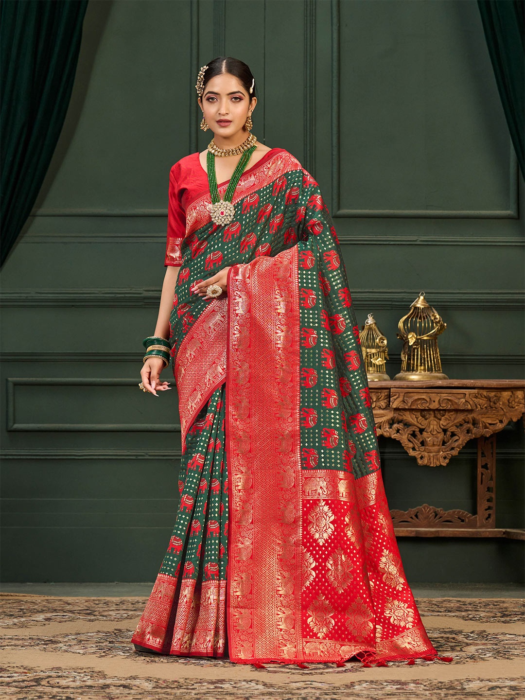 

MIMOSA Kalamkari Zari Art Silk Kanjeevaram Saree With Blouse Piece, Green