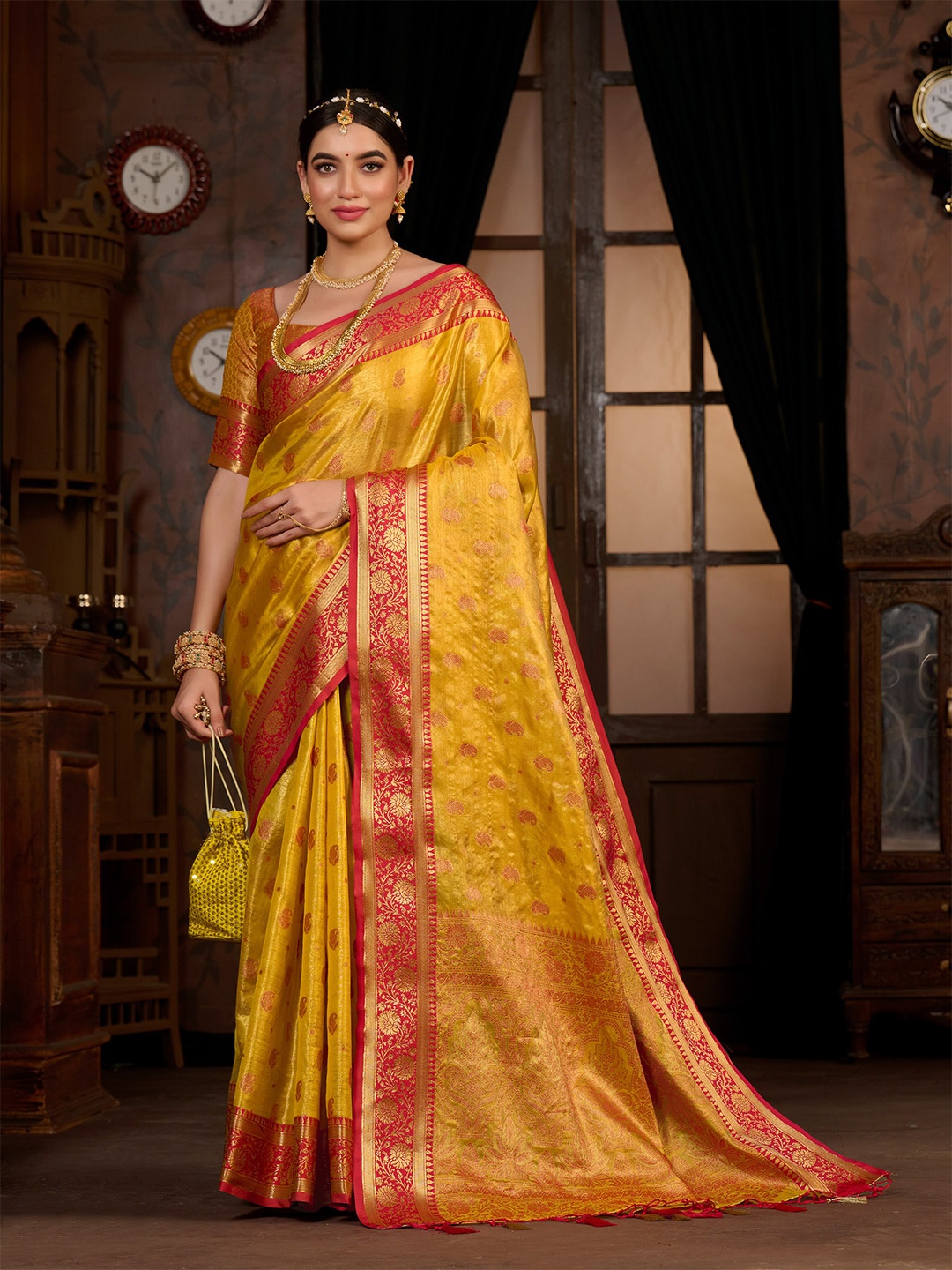 

MIMOSA Paisley Zari Kanjeevaram Saree, Mustard