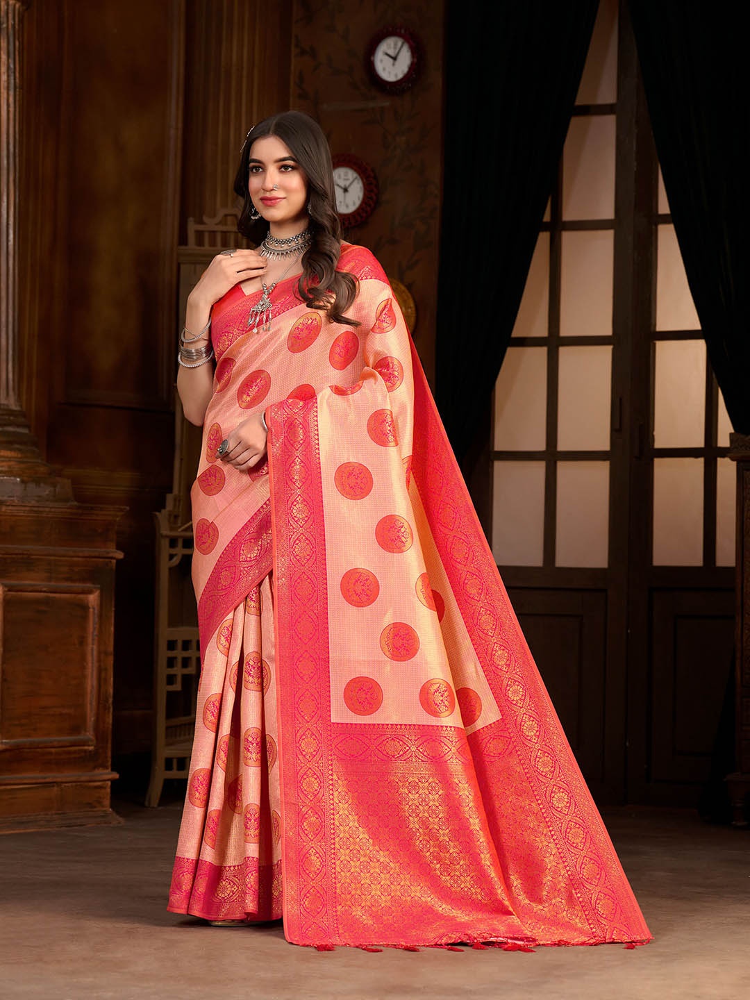 

MIMOSA Floral Zari Kanjeevaram Saree, Pink