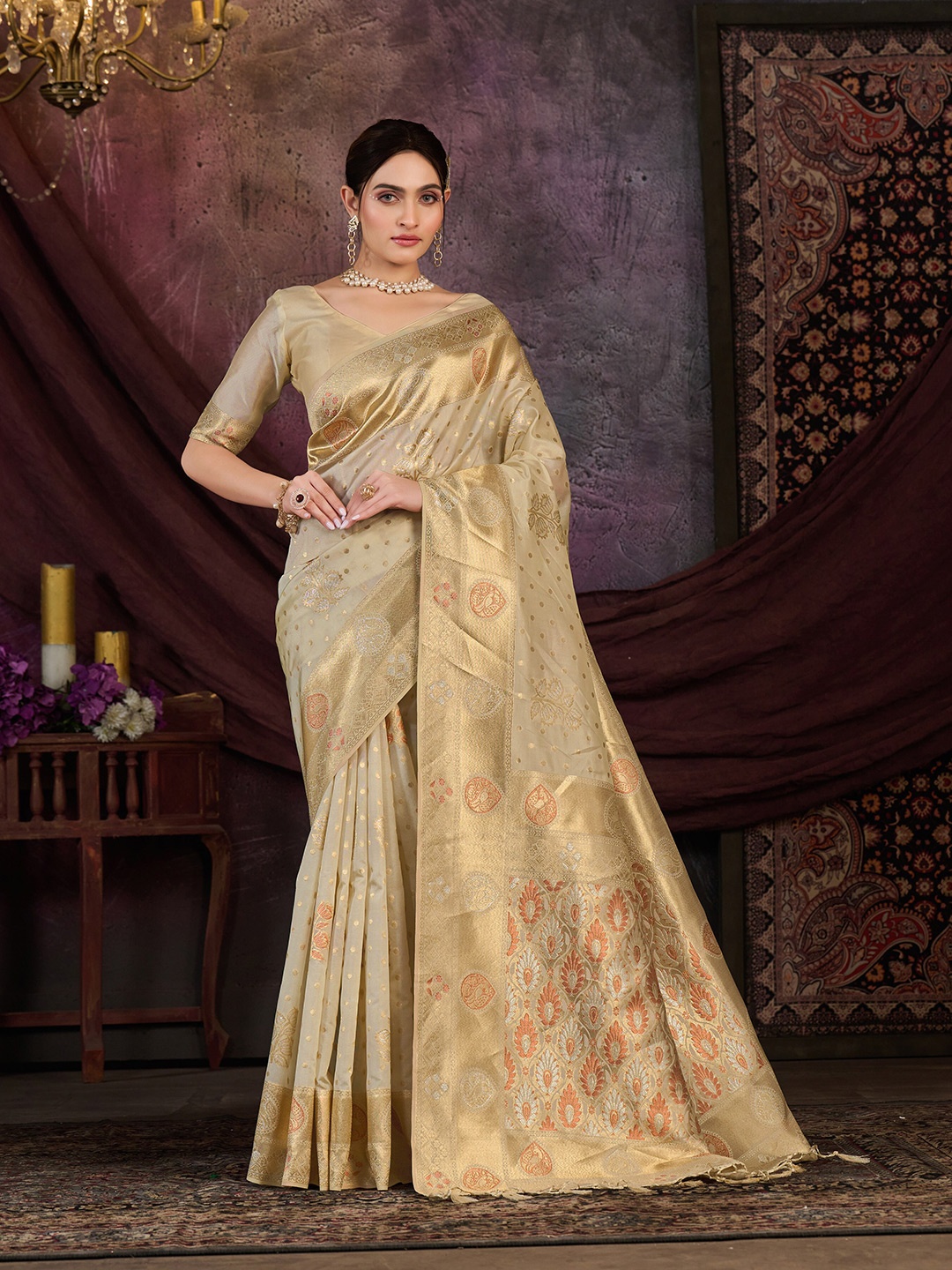 

MIMOSA Ethnic Motif Zari Art Silk Kanjeevaram Saree With Blouse Piece, Beige