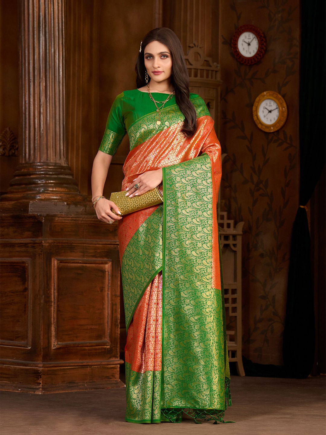 

MIMOSA Paisley Zari Art Silk Kanjeevaram Saree With Blouse Piece, Orange