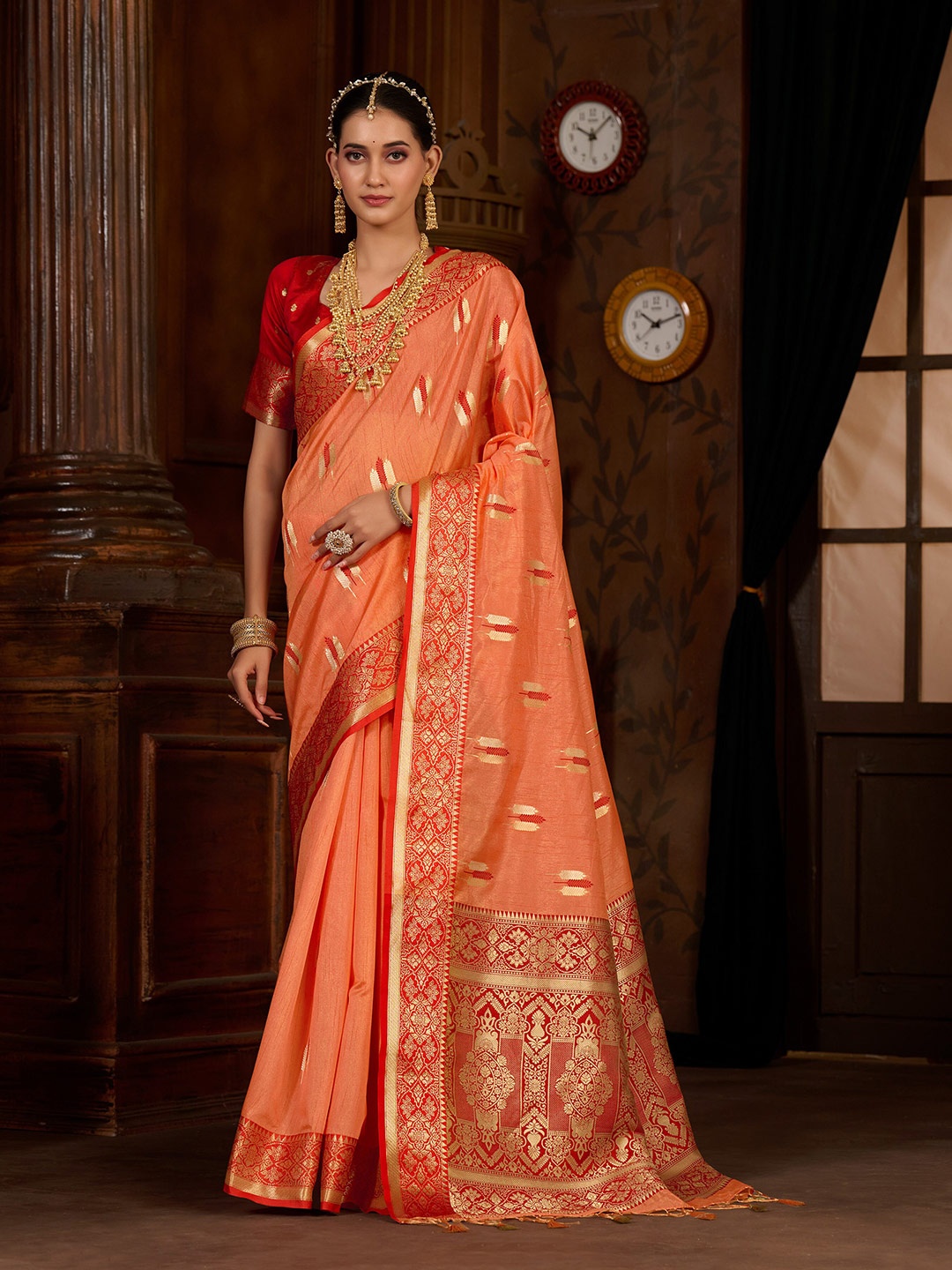 

MIMOSA Floral Woven Design Zari Kanjeevaram Saree, Orange