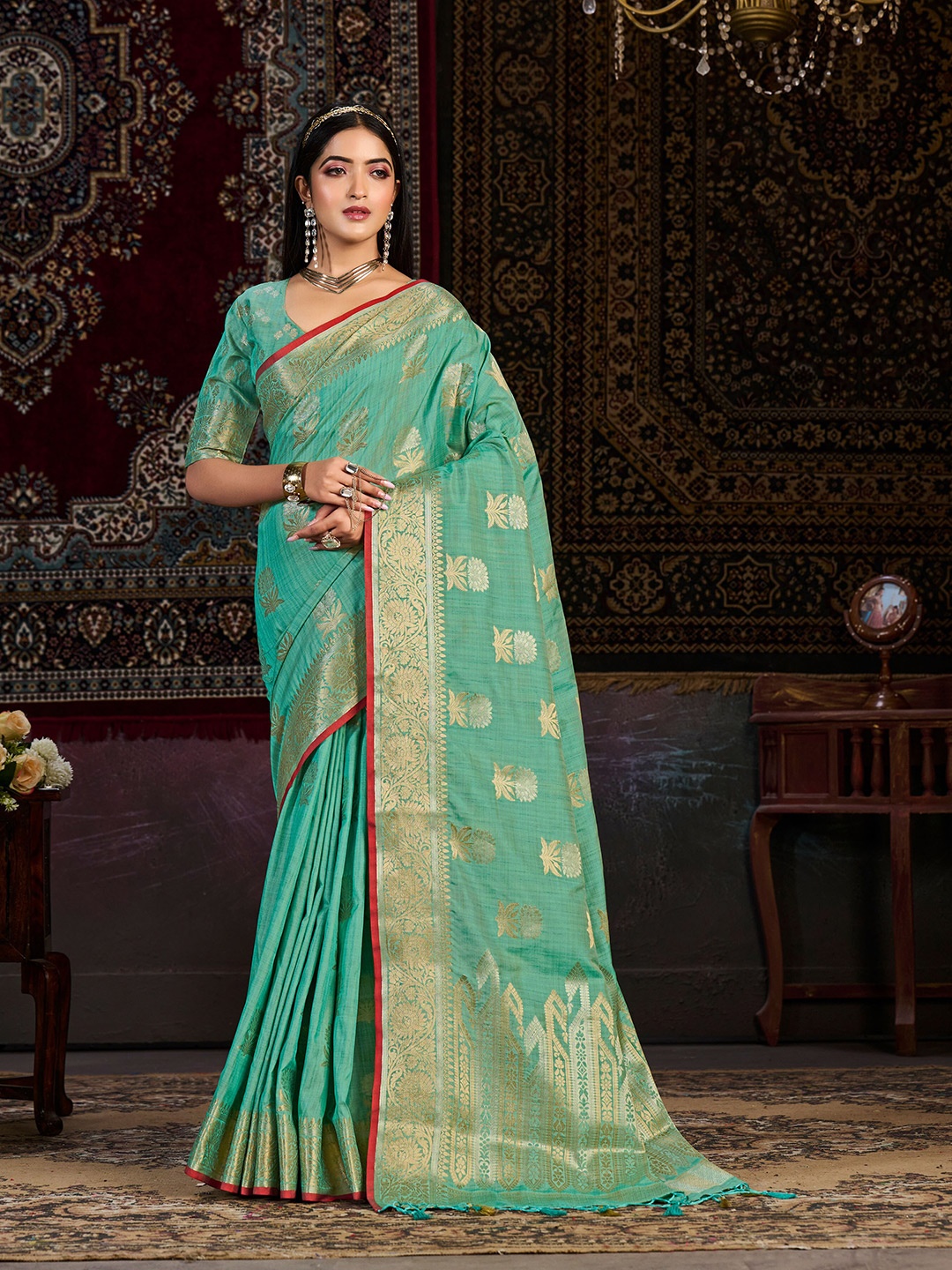 

MIMOSA Woven Design Zari Kanjeevaram Saree, Sea green