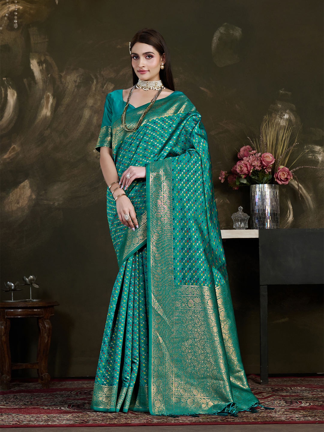 

MIMOSA Woven Design Zari Kanjeevaram Saree, Teal