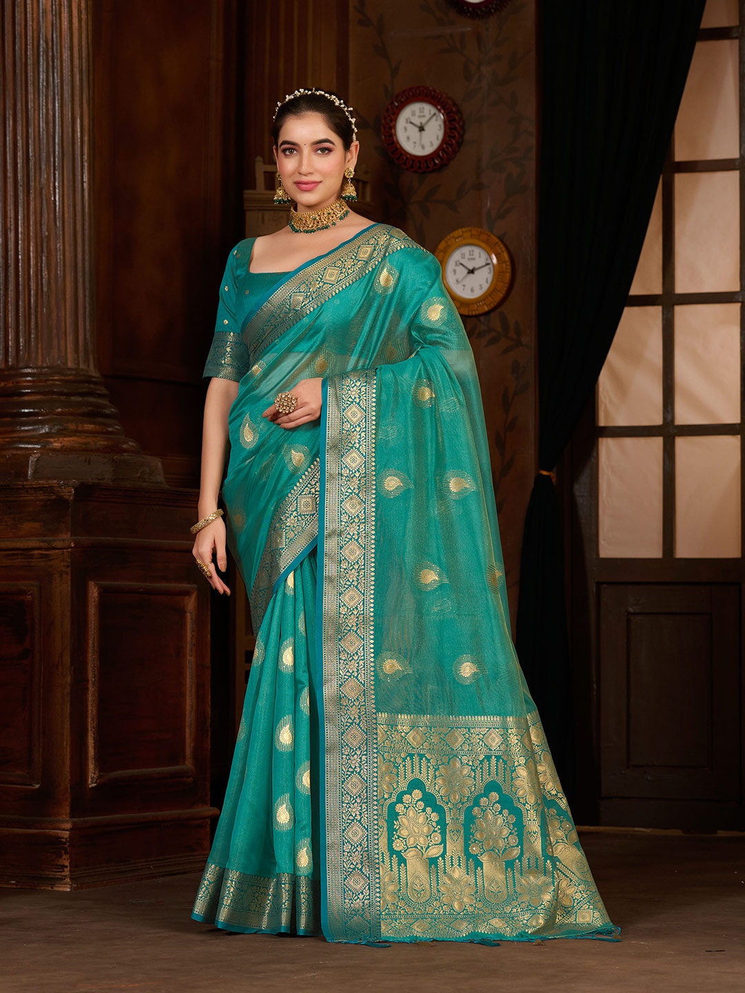 

MIMOSA Paisley Woven Design Zari Kanjeevaram Saree, Turquoise blue