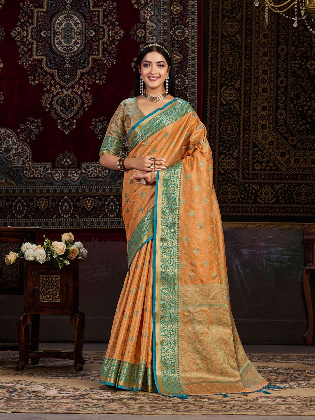 

MIMOSA Floral Woven Design Zari Kanjeevaram Saree, Orange