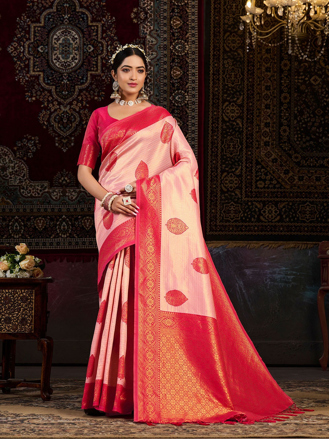 

MIMOSA Floral Zari Kanjeevaram Saree, Pink