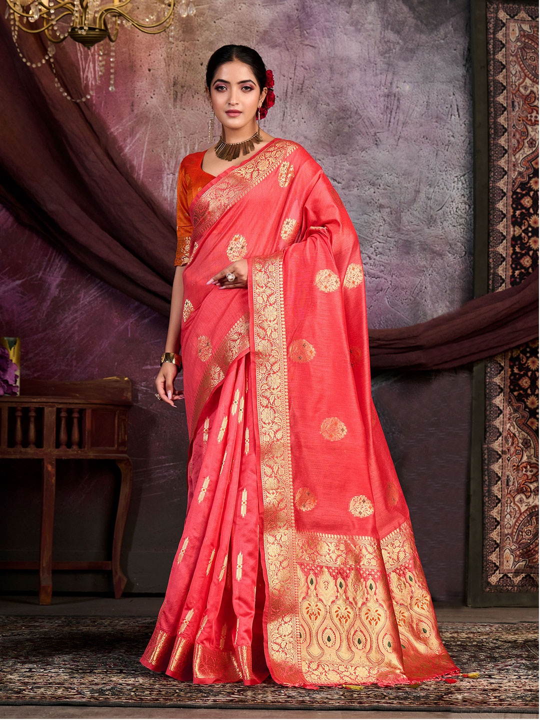 

MIMOSA Woven Design Zari Kanjeevaram Saree, Pink