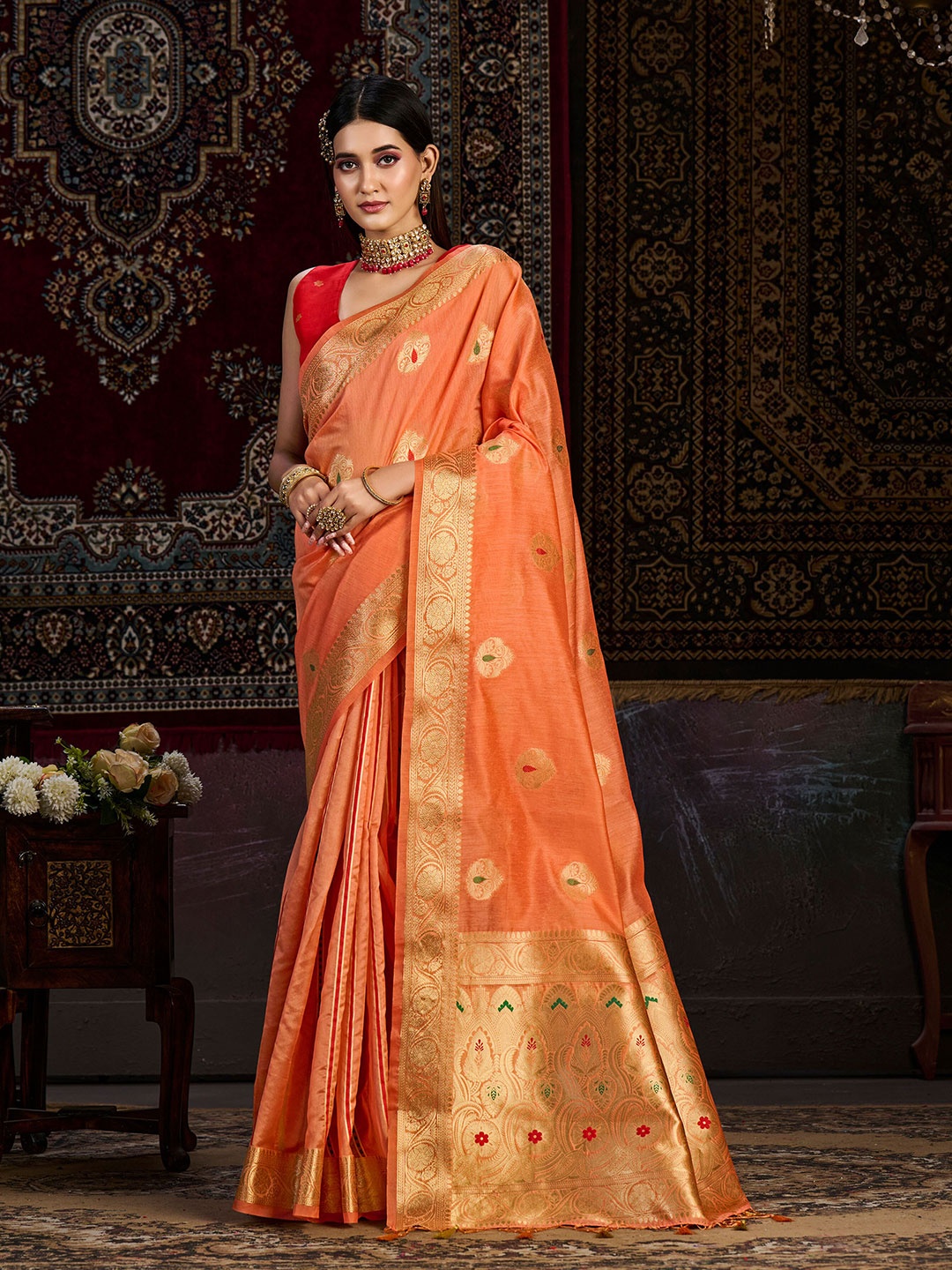 

MIMOSA Woven Design Zari Kanjeevaram Saree, Peach