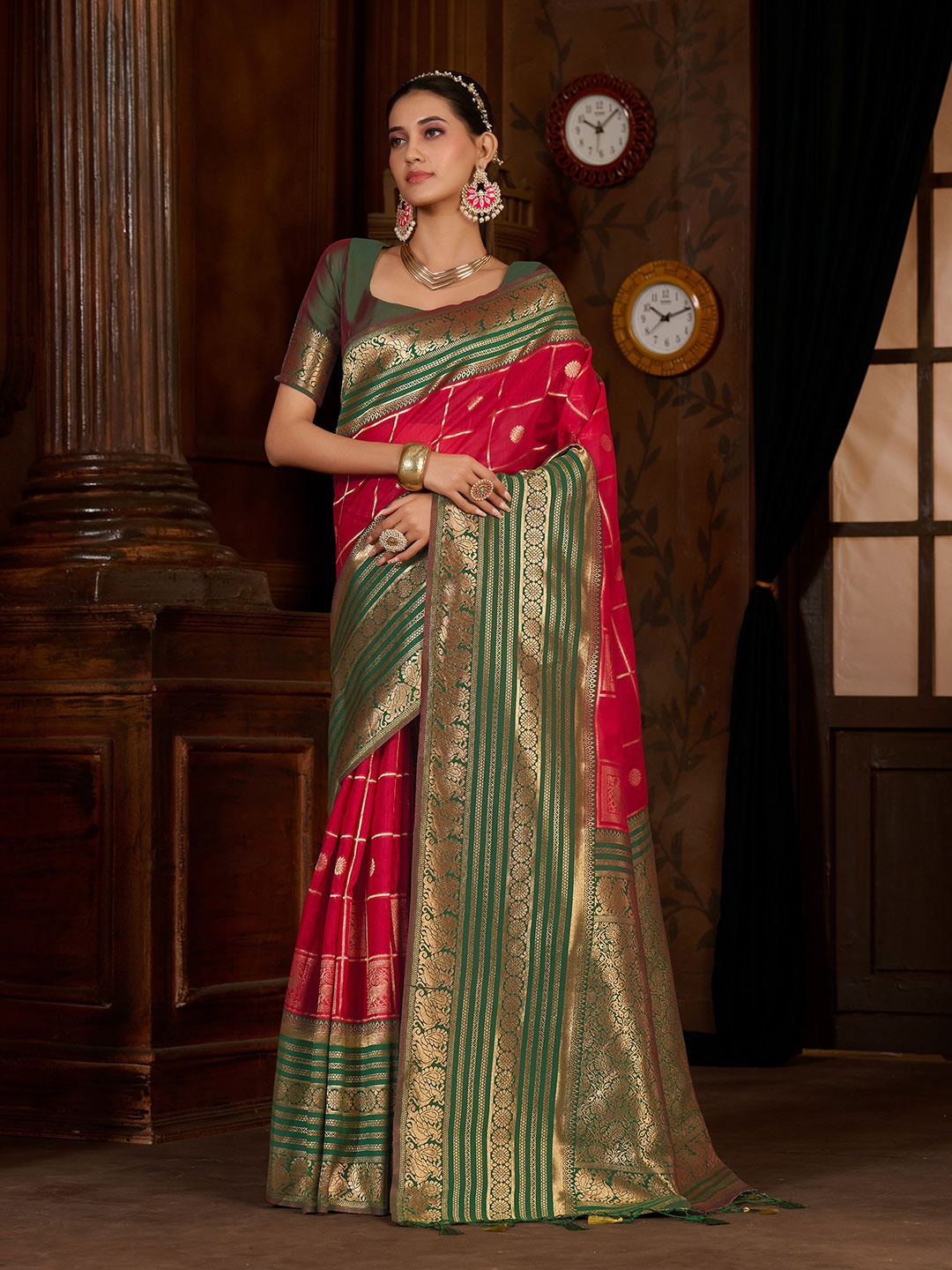 

MIMOSA Checked Zari Art Silk Kanjeevaram Saree With Blouse Piece, Red