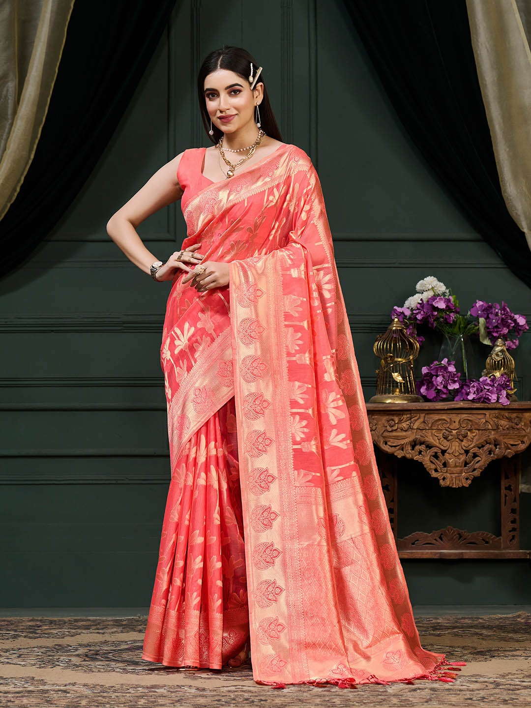 

MIMOSA Floral Woven Design Zari Art Silk Banarasi Saree, Coral