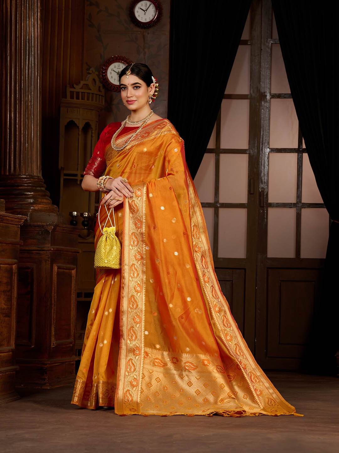 

MIMOSA Floral Woven Design Zari Kanjeevaram Saree, Orange