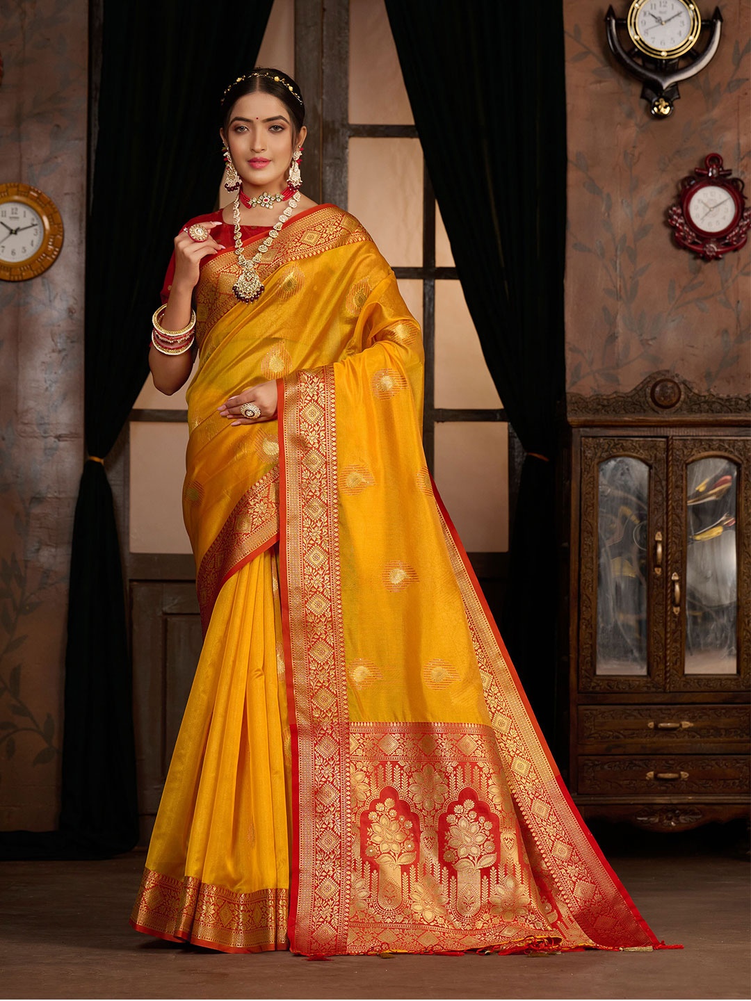 

MIMOSA Paisley Woven Design Zari Kanjeevaram Saree, Mustard