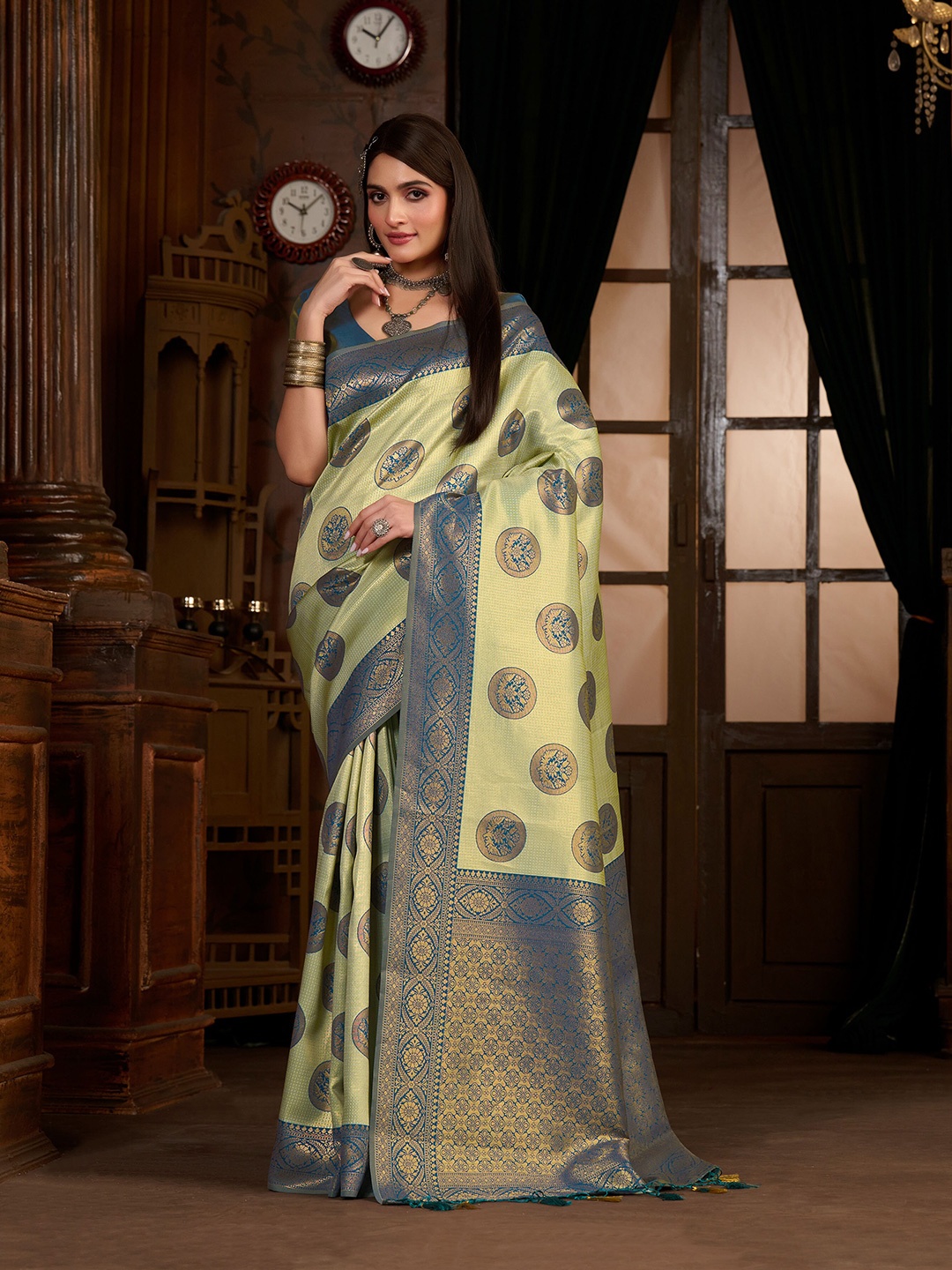 

MIMOSA Floral Zari Kanjeevaram Saree, Turquoise blue