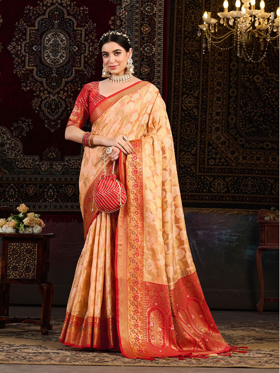 

MIMOSA Ethnic Woven Design Zari Banarasi Saree, Peach