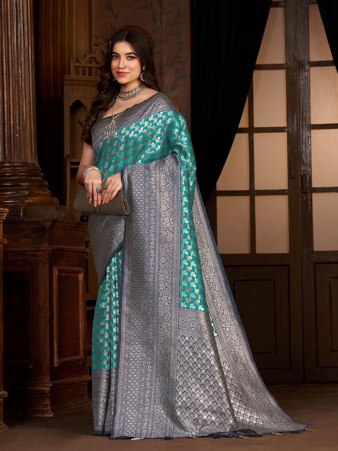 

MIMOSA Ethnic Woven Design Zari Kanjeevaram Saree, Turquoise blue