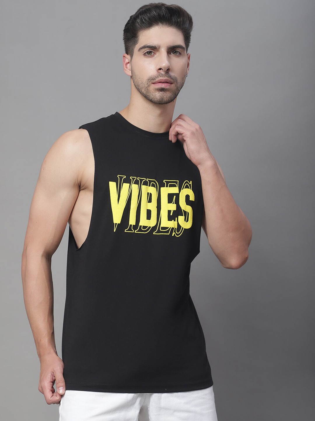 

DOOR74 Printed Cotton Drop Armhole Vest, Black