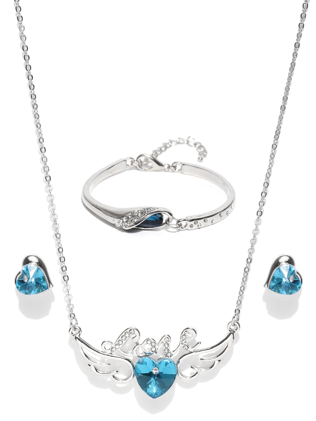 

YouBella Silver-Toned & Blue Stone-Studded Jewellery Set